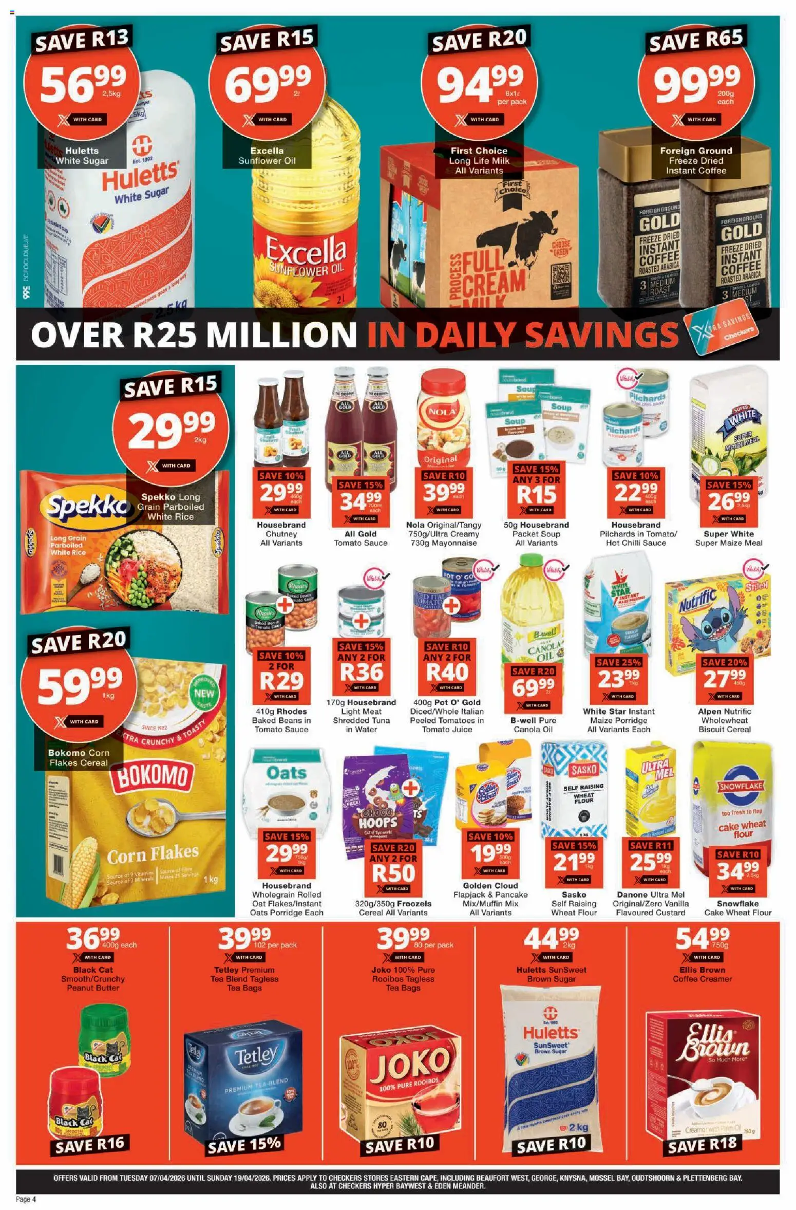 New Checkers catalogue – valid from 07.04.2026 | Page: 4 | Products: Milk, Coffee, Rice, Sugar