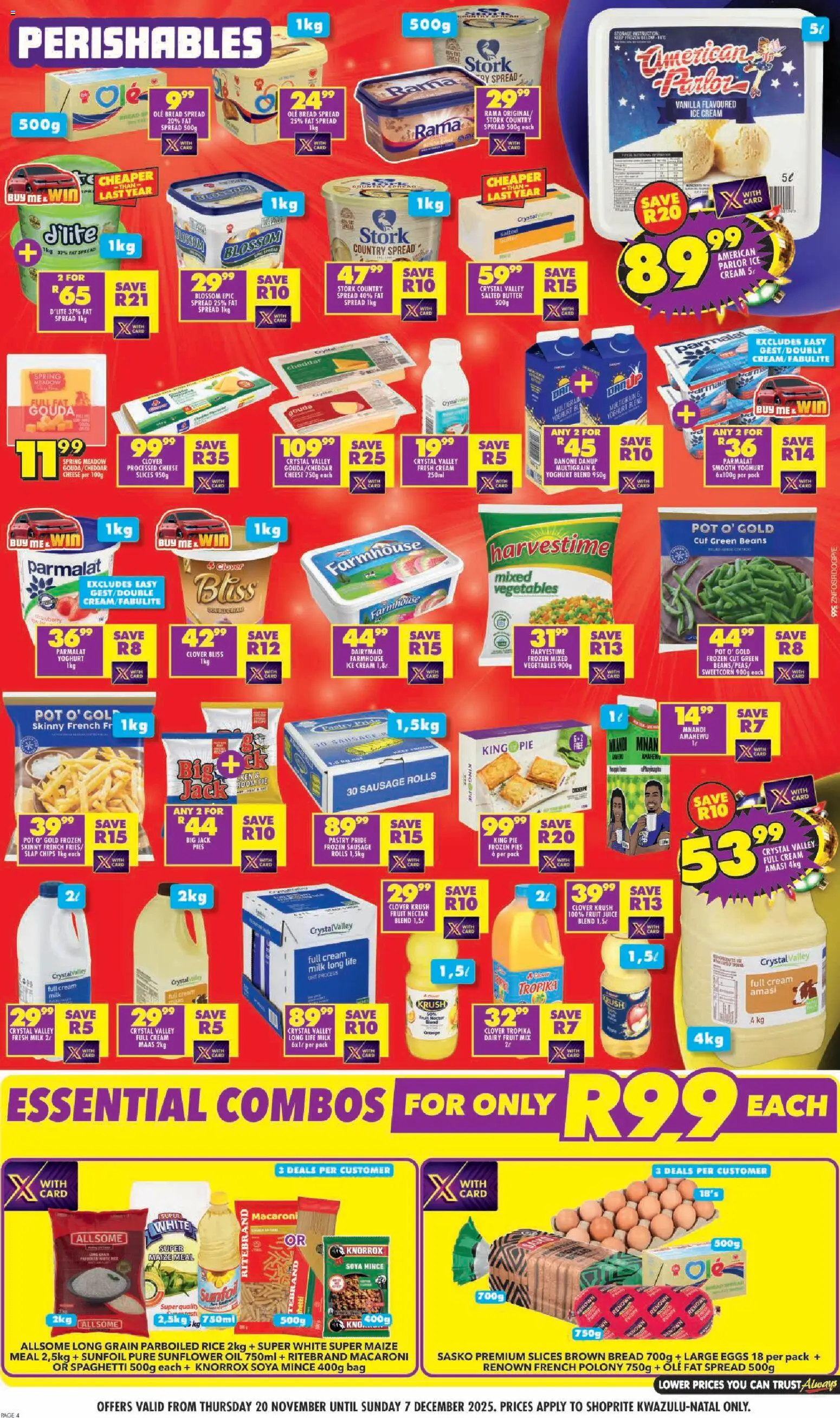 New Shoprite catalogue – valid from 20.11.2025 | Page: 4 | Products: Maize meal, Milk, Oil, Juice