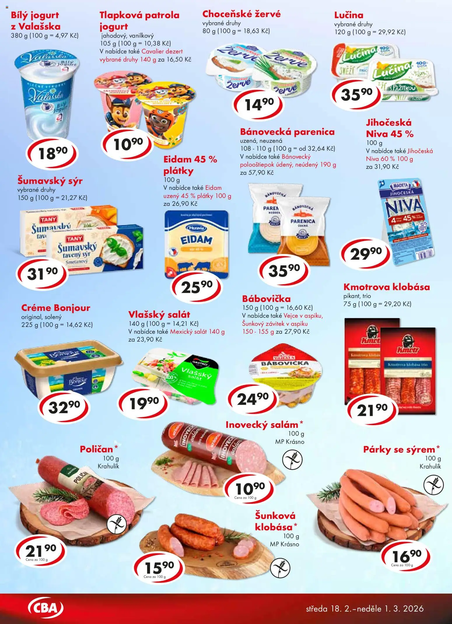 CBA leták od 18.02.2026 | Strana: 2 | Produkty: Klobása, Žervé, Niva, Bílý jogurt