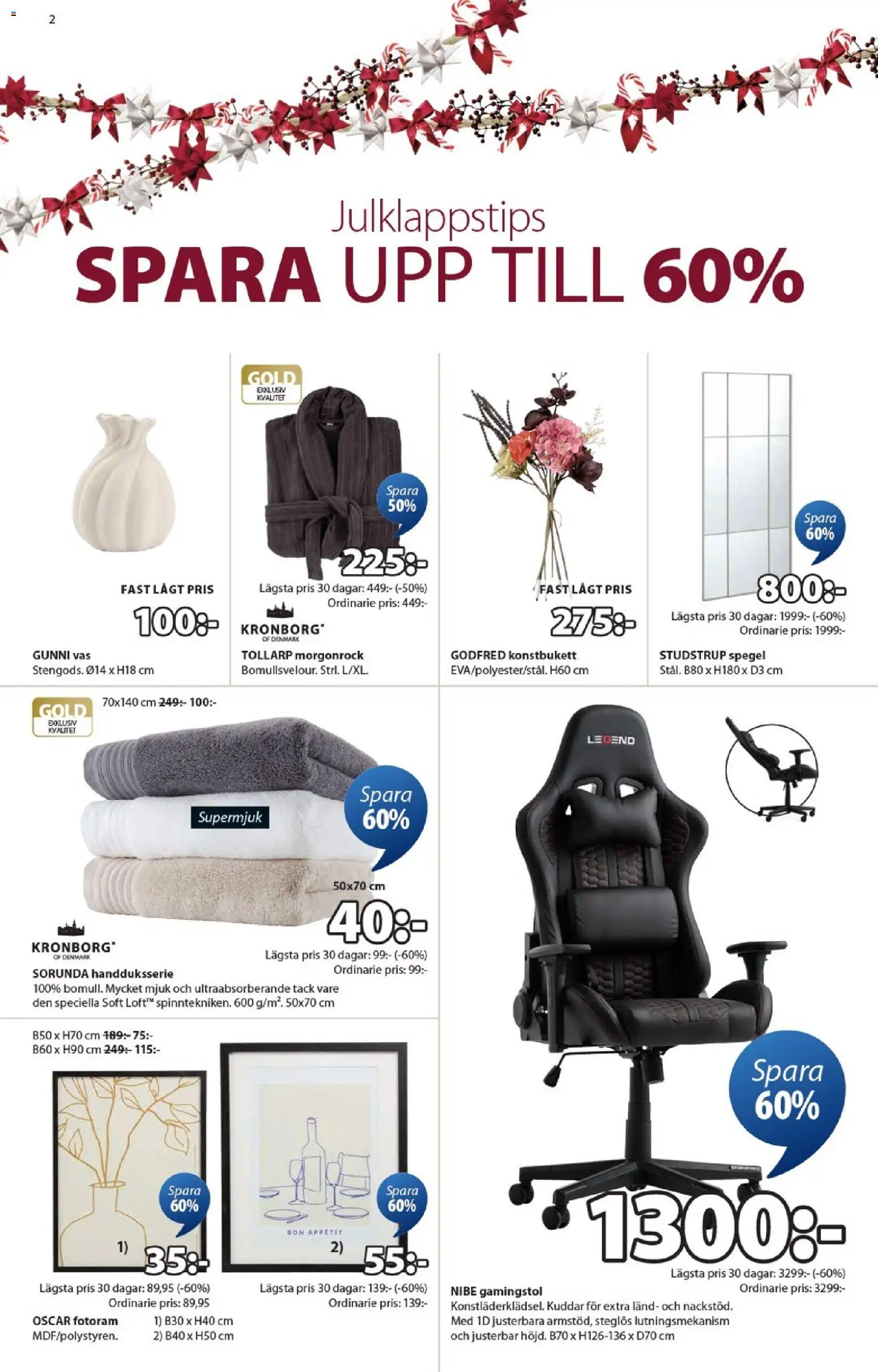 JYSK reklamblad aktuell från 15.12.2025 | Sida: 2 | Produkter: Gamingstol, Fotoram, Spegel, Vas