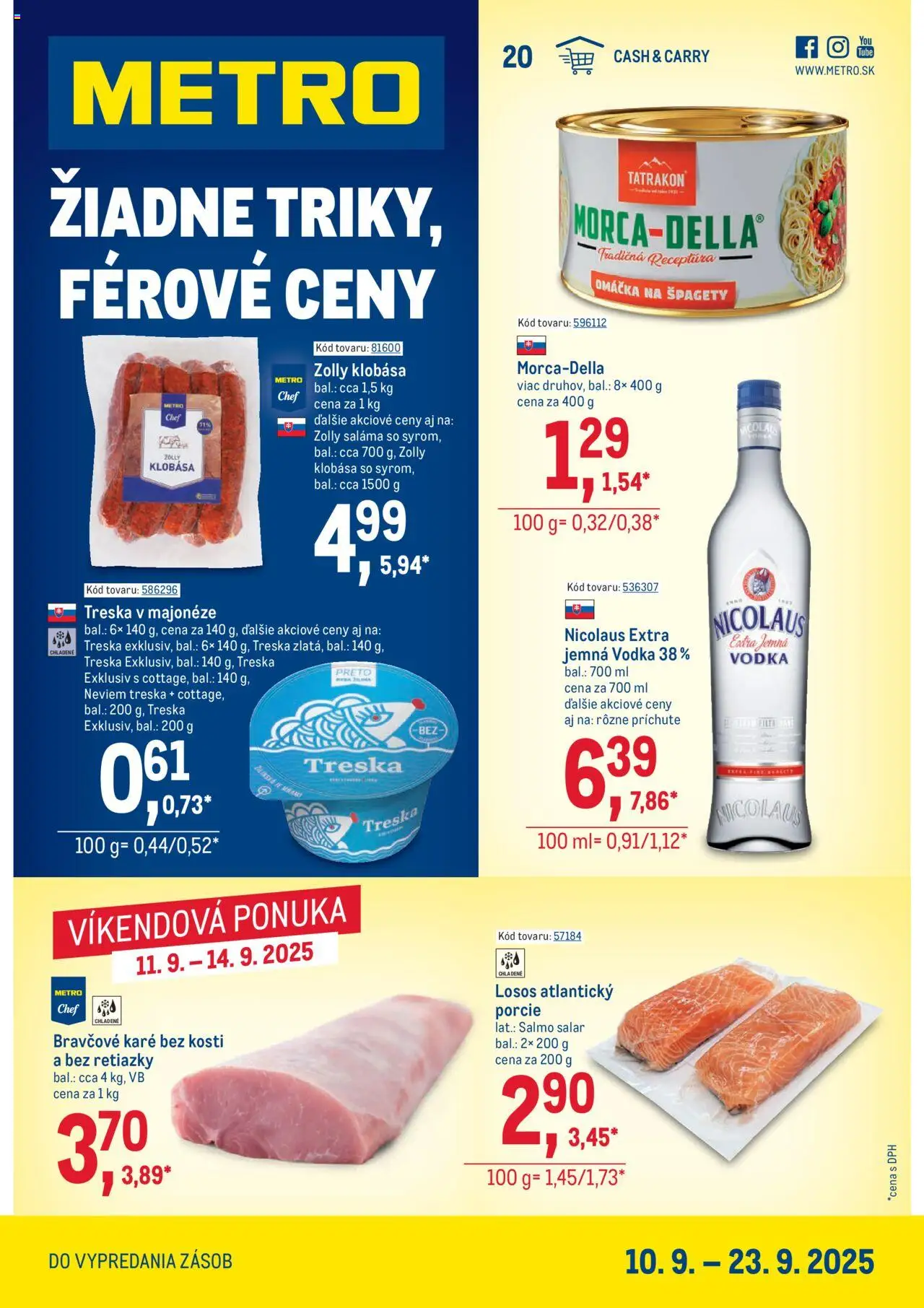 Nové Metro akcie – leták je platný od 10.09.2025 | Strana: 1 | Produkty: Saláma, Klobása, Vodka, Omáčka