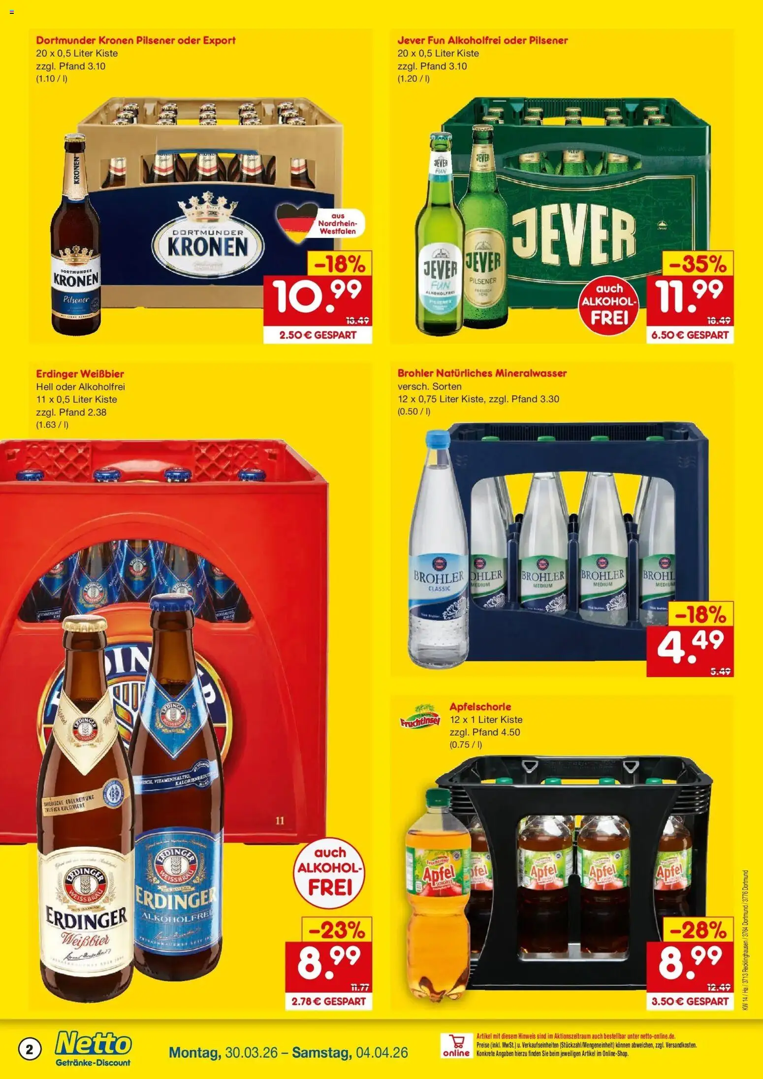 Netto Marken-Discount Prospekt Dortmund	 – gültig ab 30.03.2026 | Seite: 2 | Produkte: Erdinger, Weißbier, Äpfel, Mineralwasser