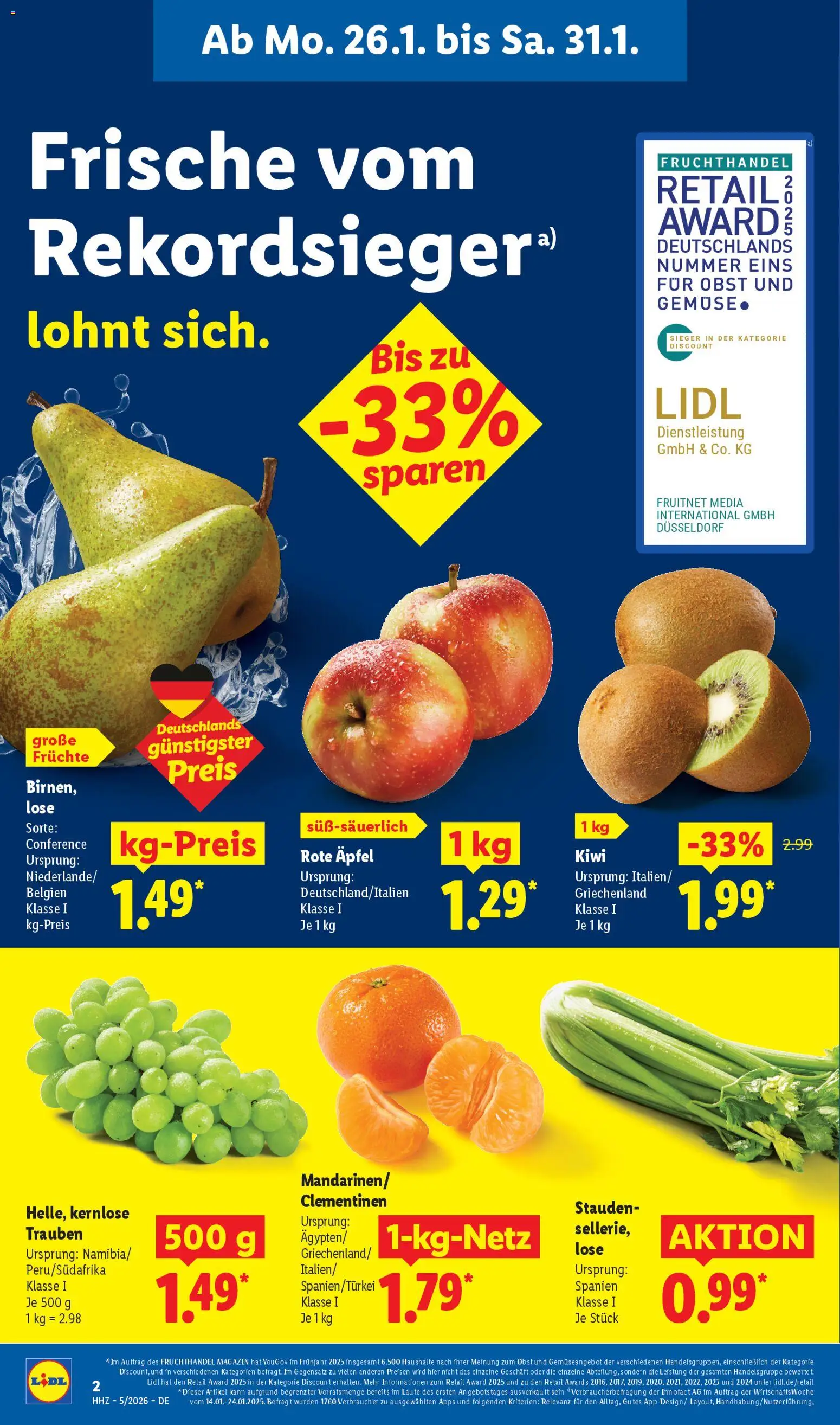 Lidl Prospekt Grimma – gültig ab 26.01.2026 | Seite: 8 | Produkte: Trauben, Äpfel, Obst, Kiwi