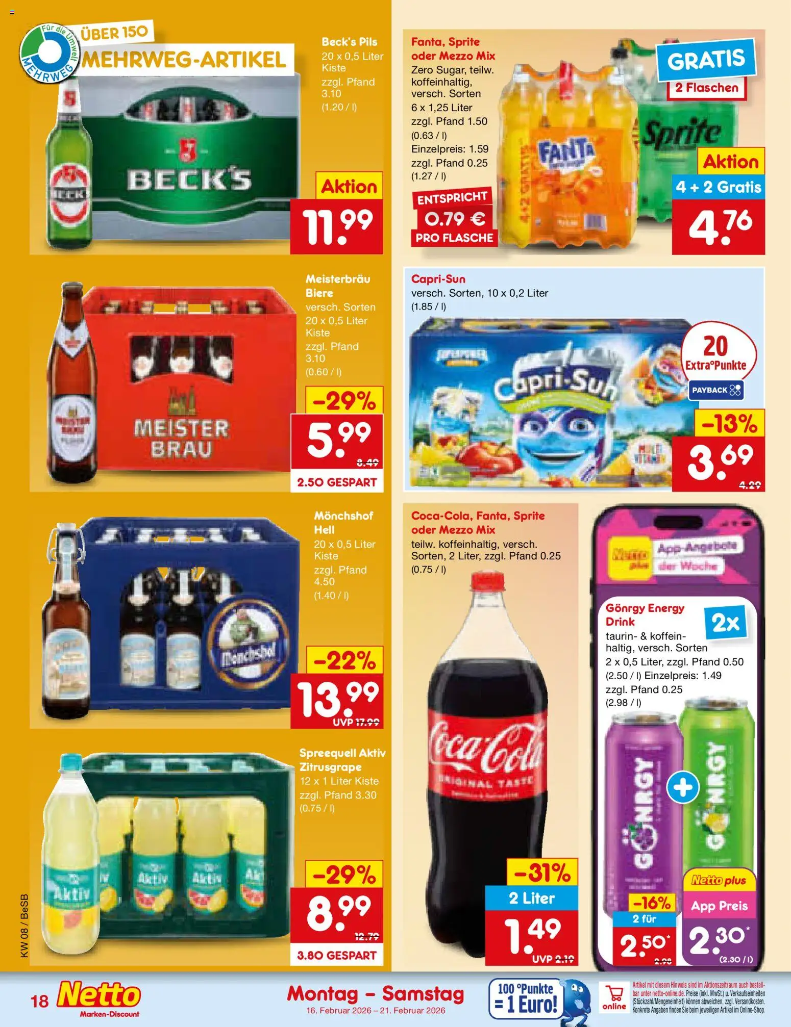 Netto Marken-Discount Prospekt 	 – gültig ab 16.02.2026 | Seite: 22 | Produkte: Monchshof, Sprite, Energy, Oder mezzo mix