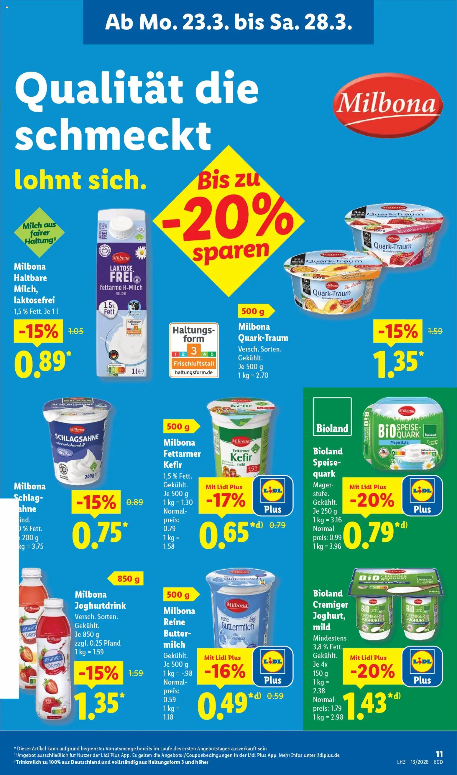 Lidl Prospekt – gültig ab 23.03.2026 | Seite: 19 | Produkte: Kefir, Quark, Schlagsahne, Milch