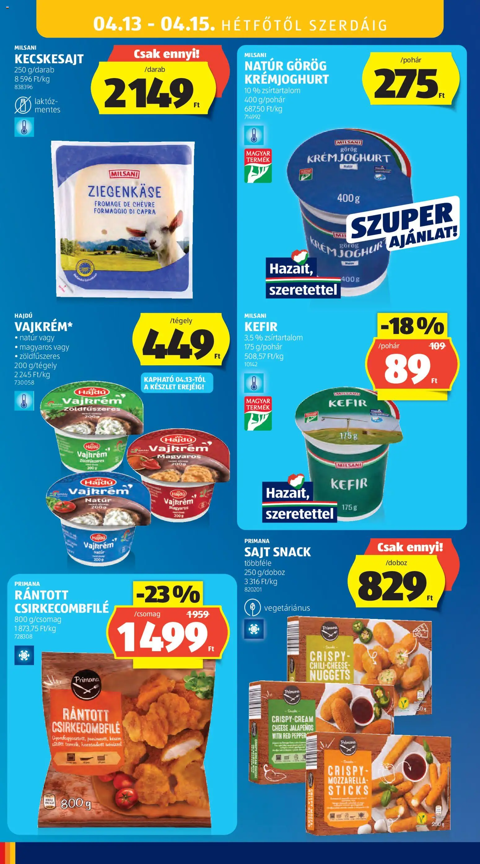 Aldi akciós ujság - amely érvényes a következő dátumtól: 09.04.2026 | Oldal: 34 | Termékek: Mozzarella, Kecskesajt, Nuggets, Vajkrém