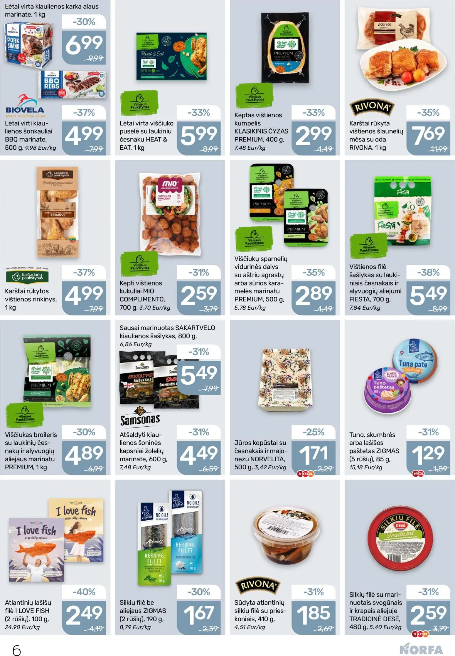 NORFA akcijos nuo 05.03.2026 | Puslapis: 6 | Prekių: Vištienos, Kiaulienos, Viščiukas, Lašišos