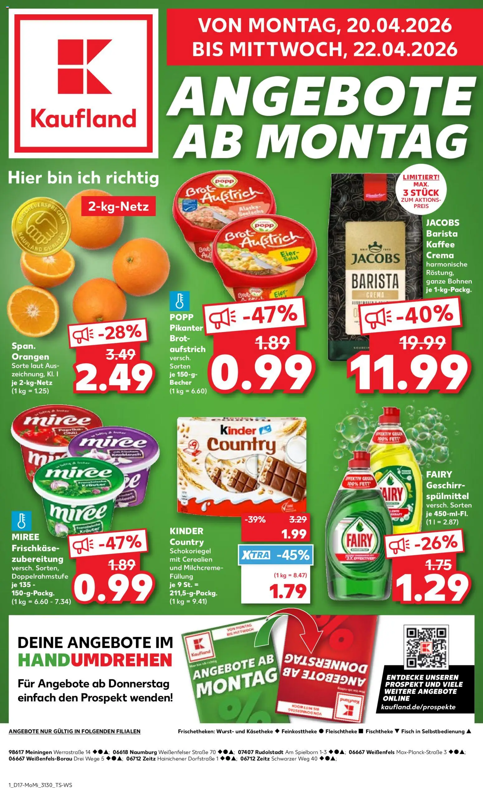 Kaufland Prospekt Zeitz	 – gültig ab 20.04.2026 | Seite: 1 | Produkte: Geschirrspülmittel, Wurst, Brot, Kinder country