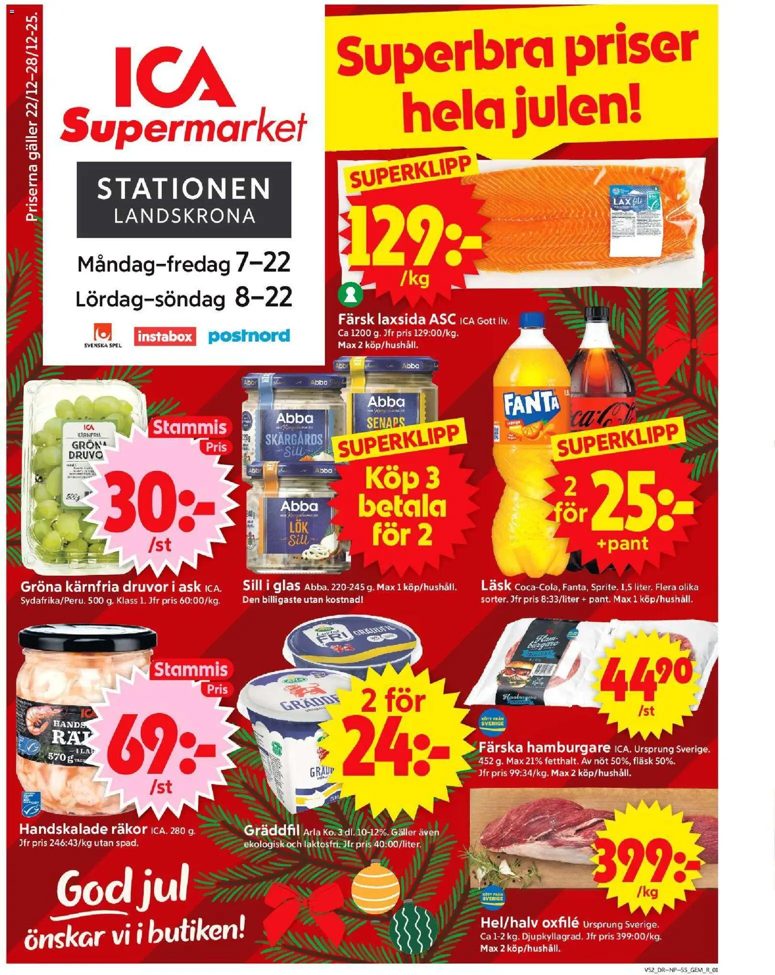 ICA Supermarket reklamblad aktuell från 22.12.2025 | Sida: 1 | Produkter: Gem, Galler, Fanta, Fläsk