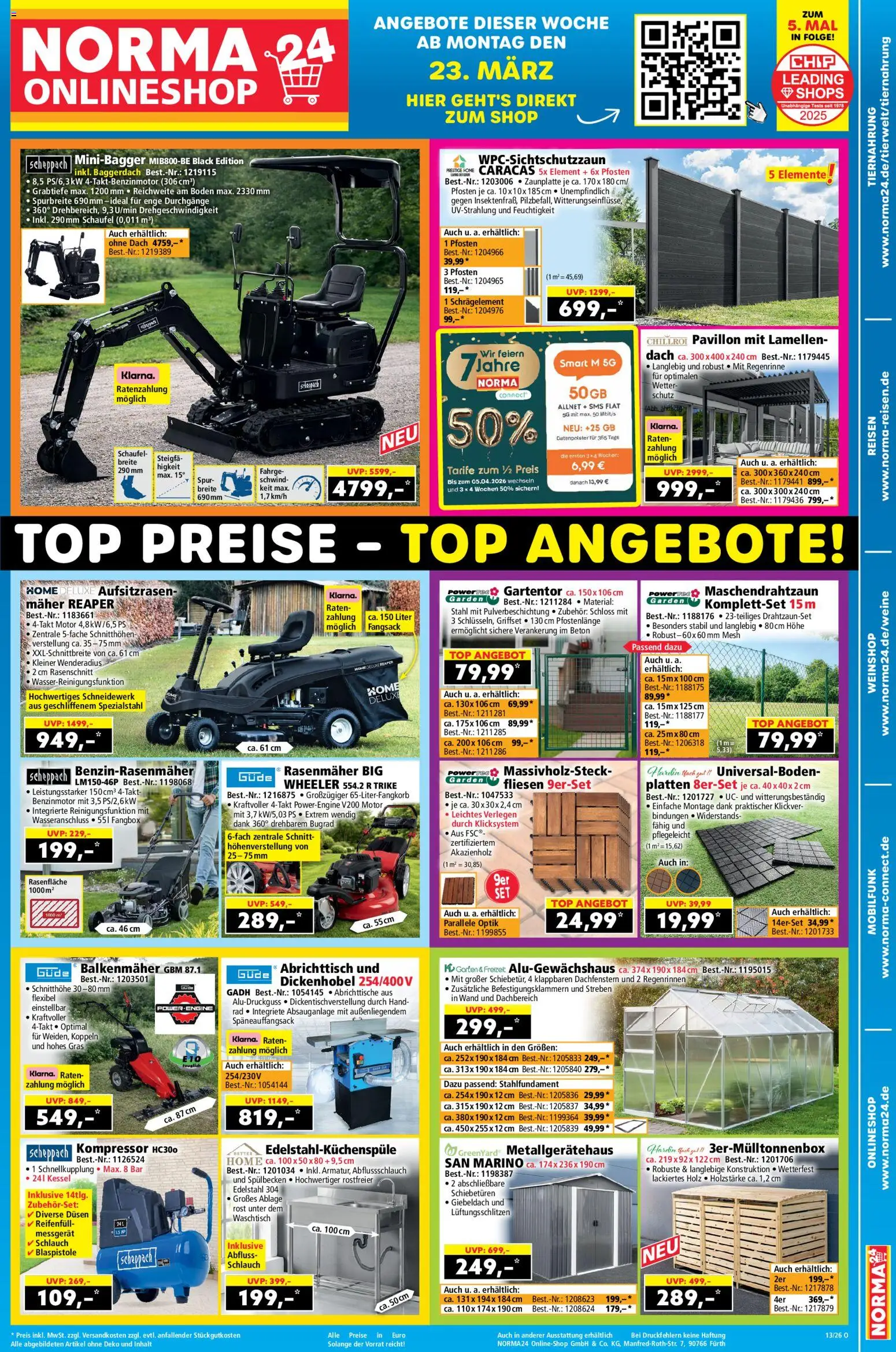 Norma Onlineshop – gültig ab 23.03.2026 | Seite: 1 | Produkte: Top, Rasenmäher, Waschtisch