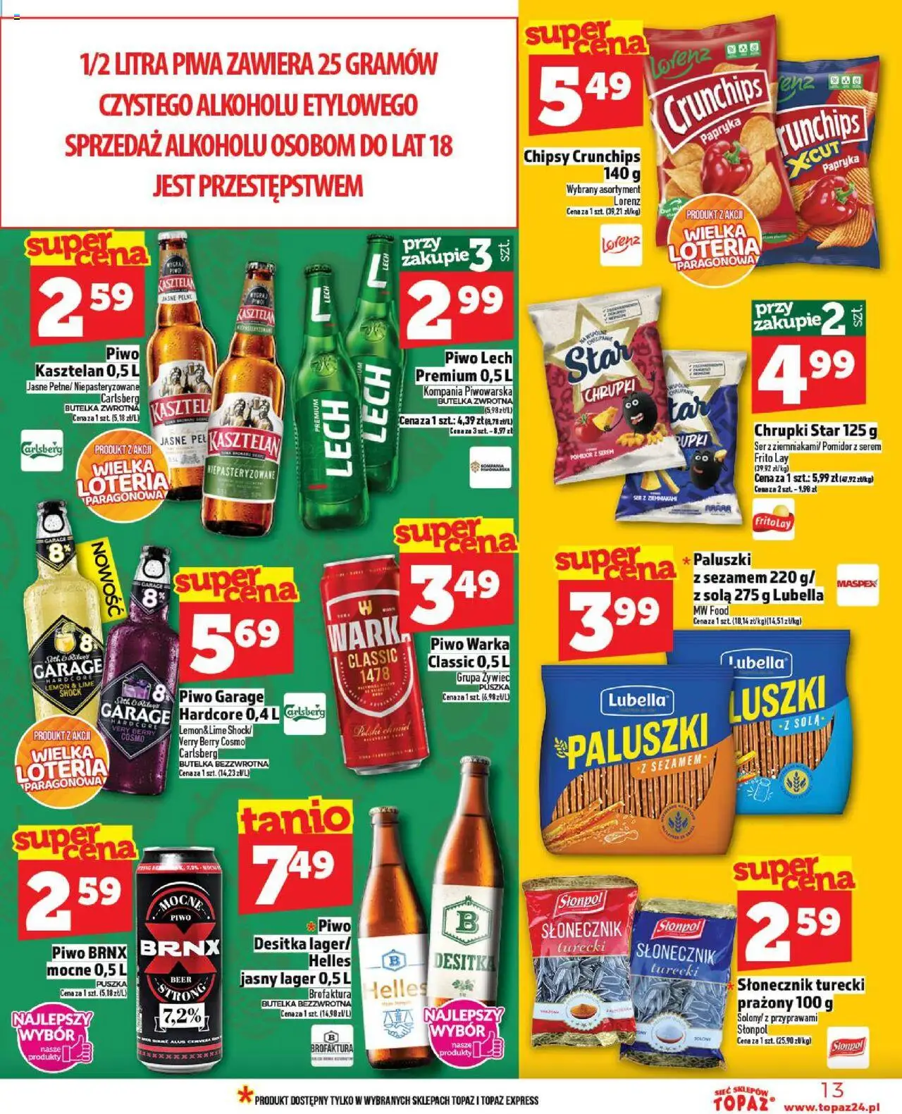 Topaz Gazetka MAZ od 11.09.2025 | Strona: 13 | Produkty: Chipsy, Piwo Warka, Ser, Piwo