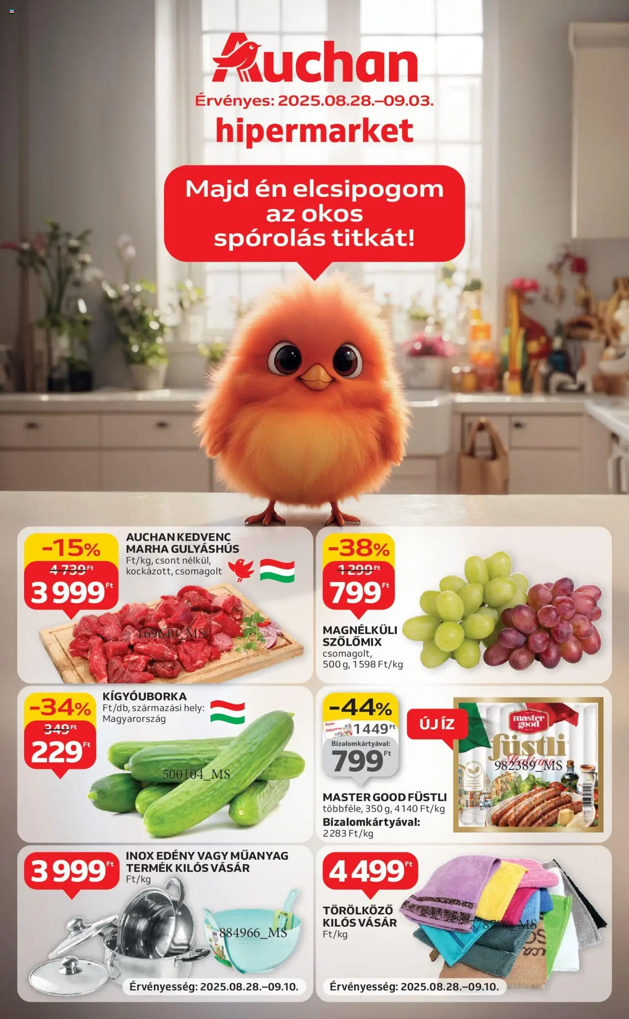 Auchan akciós ujság - amely érvényes a következő dátumtól: 28.08.2025 | Oldal: 1 | Termékek: Törölköző, Kígyóuborka, Edény