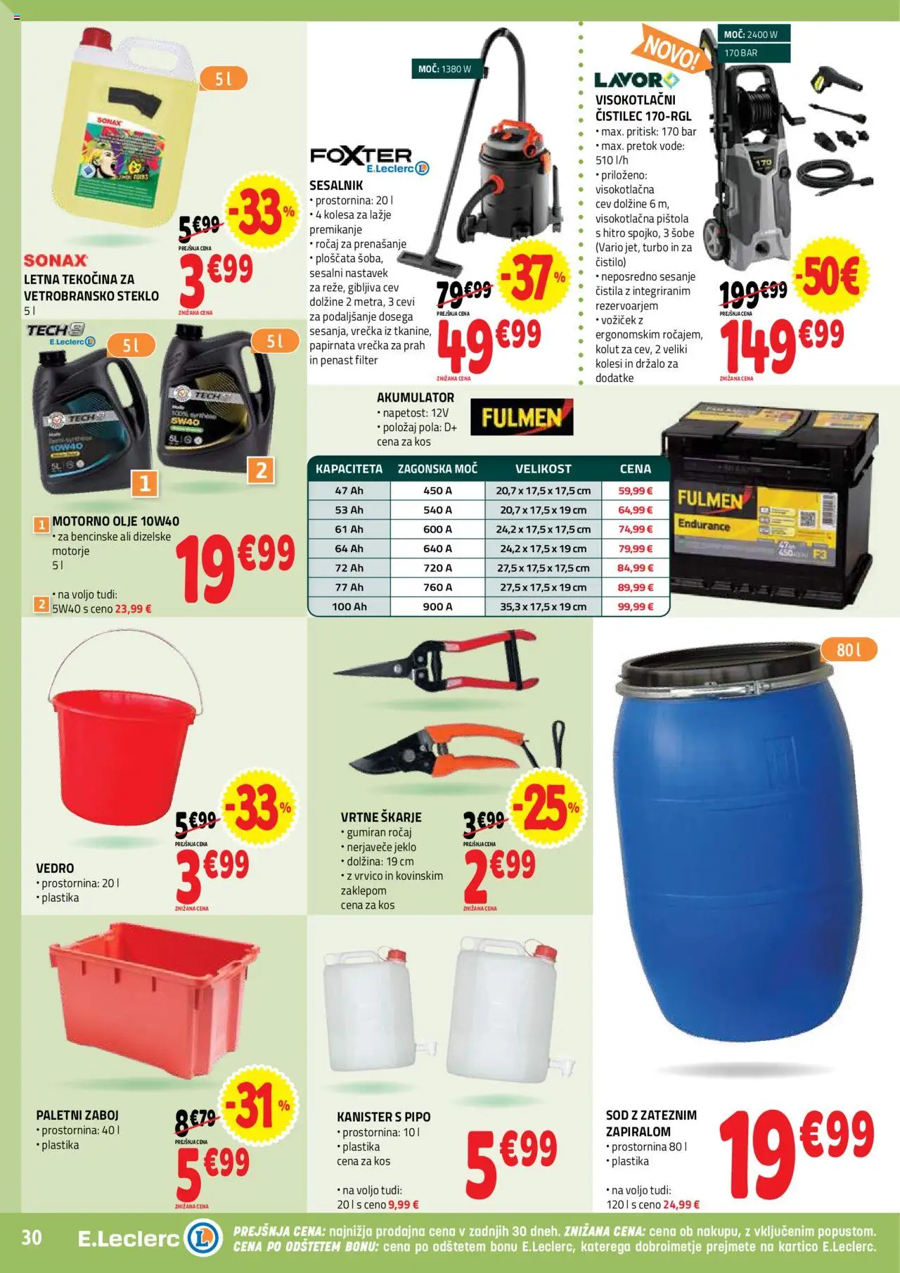 E.leclerc katalog │ velja od 06.08.2025 | Stran: 30 | Izdelki: Akumulator, Olje, Zaboj, Voziček