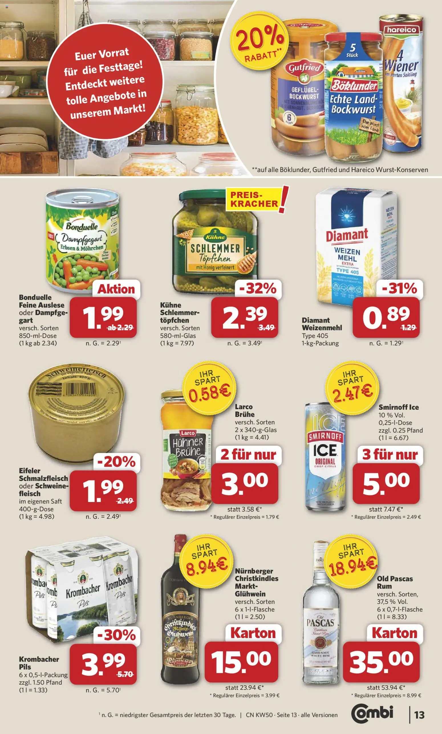 Combi Prospekt 	 – gültig ab 08.12.2025 | Seite: 14 | Produkte: Bockwurst, Mehl, Krombacher, Erbsen