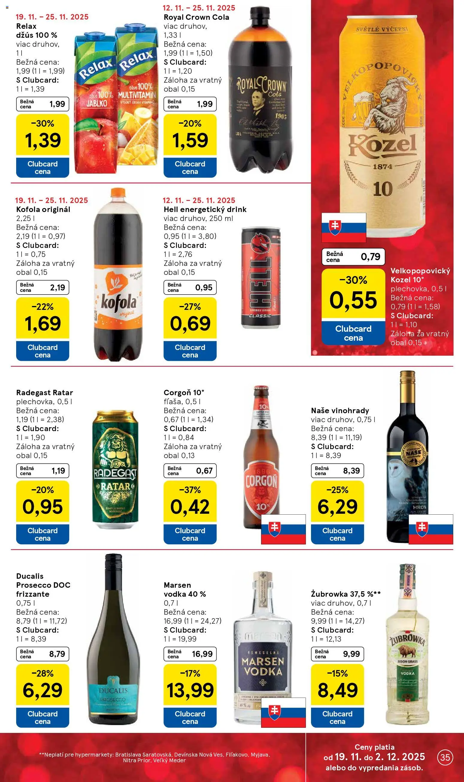 Nové Tesco akcie – leták je platný od 19.11.2025 | Strana: 35 | Produkty: Prosecco, Radegast, Corgoň, Vodka