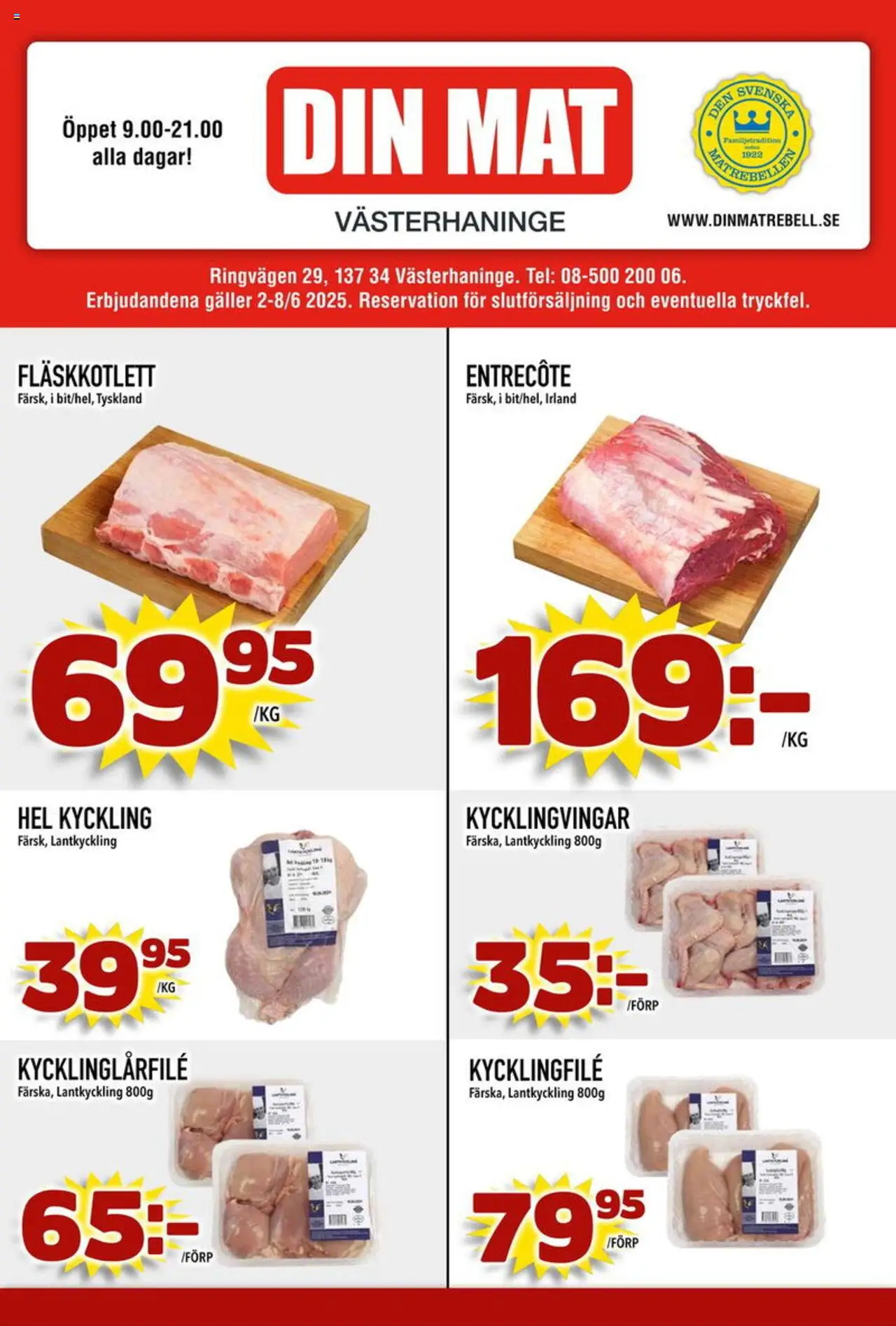 Din Mat reklamblad aktuell från 02.06.2025 | Sida: 1 | Produkter: Kycklingfile, Entrecote, Galler