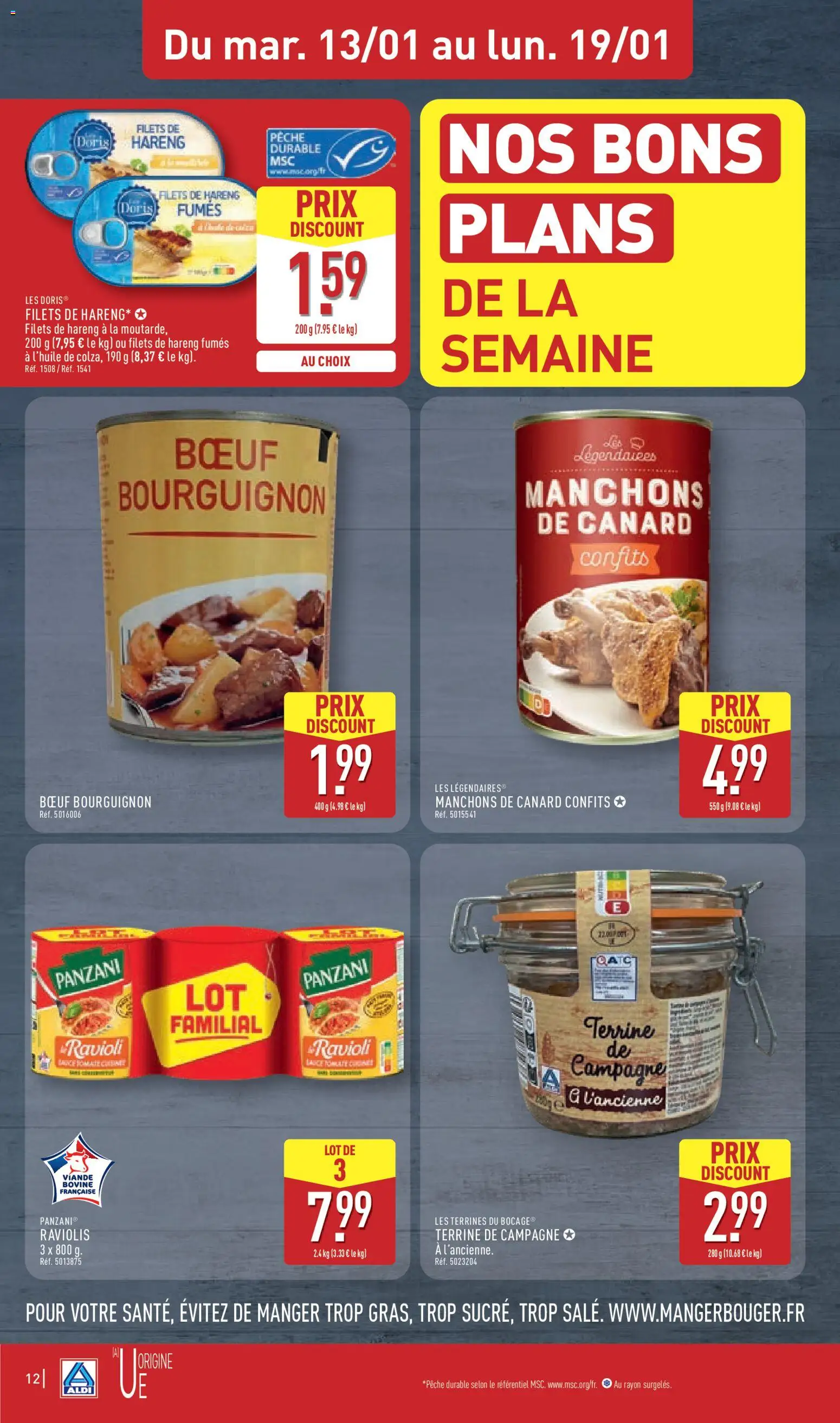 {H1} | Page: 14 | Produits: Pêche, Bœuf bourguignon, Raviolis, Viande