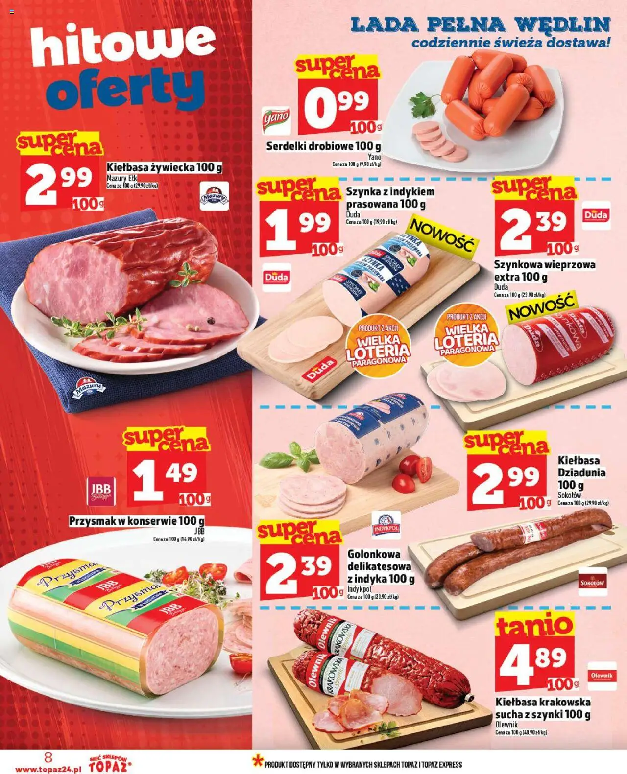 Topaz Gazetka od 18.09.2025 | Strona: 8 | Produkty: Kiełbasa, Szynka, Kiełbasa krakowska