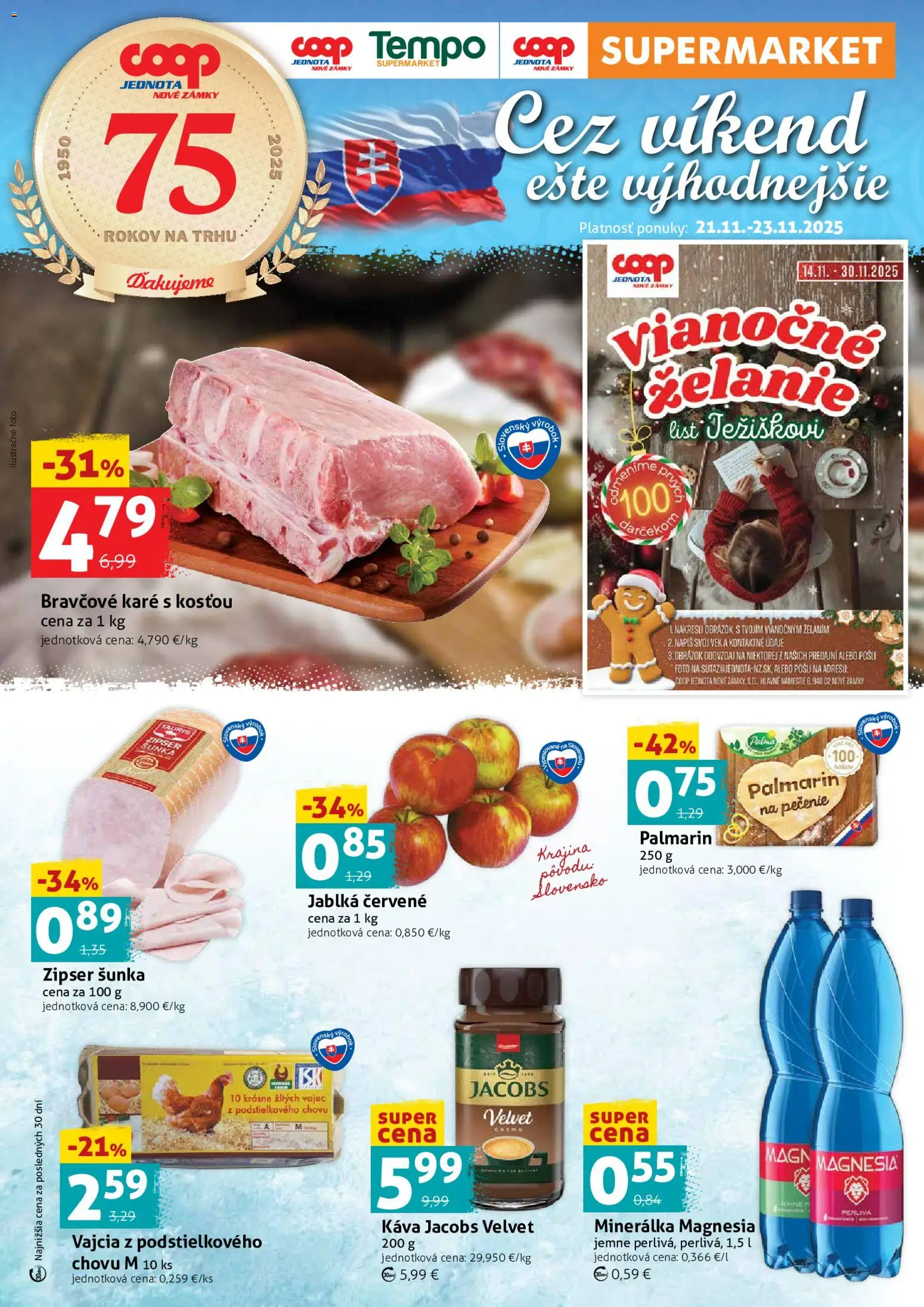 Nové COOP Jednota akcie – leták je platný od 21.11.2025 | Strana: 1 | Produkty: Vajcia, Káva, Šunka, Palmarin