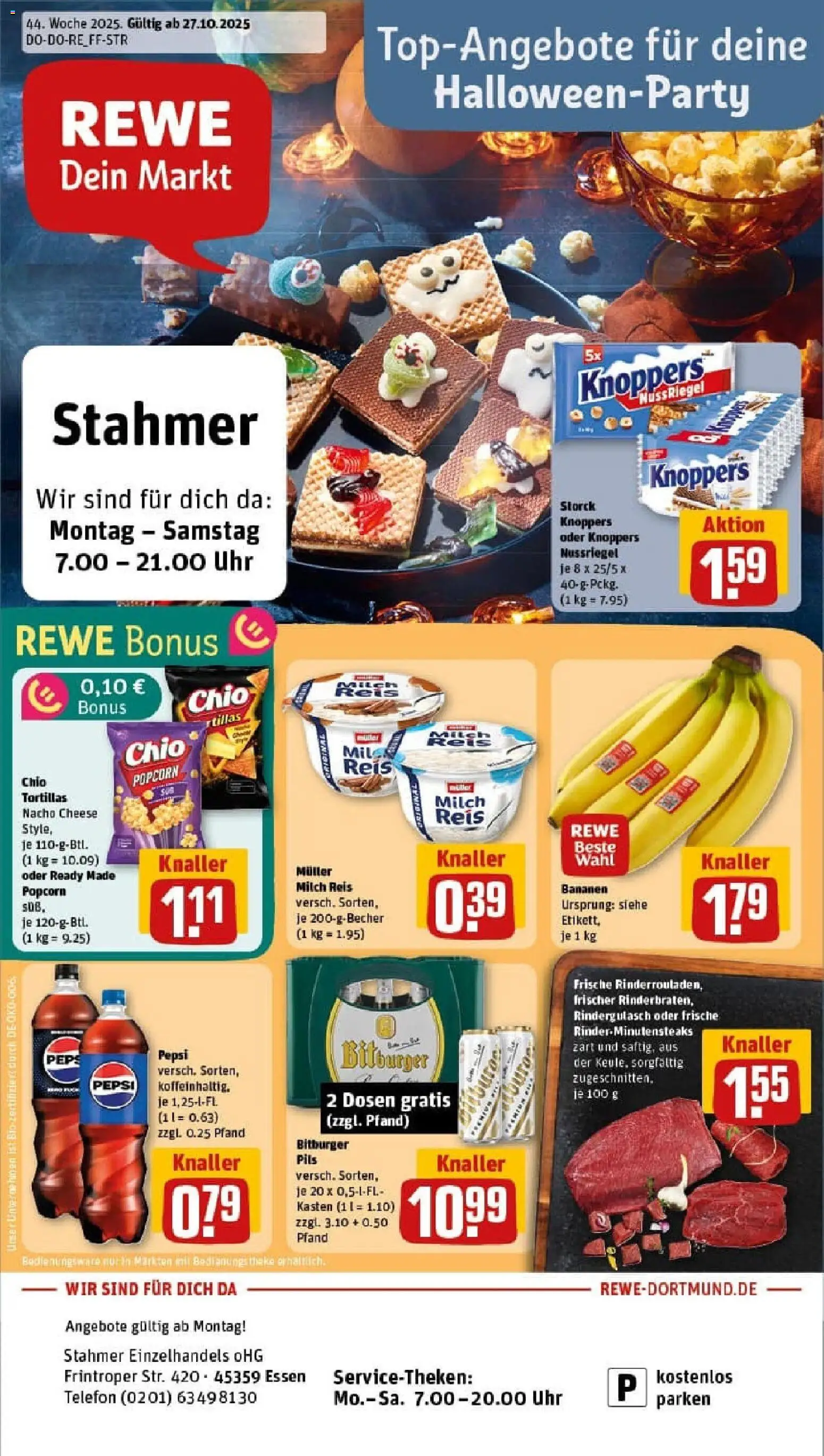 Rewe prospekt Essen	 – gültig ab 26.10.2025 | Seite: 1 | Produkte: Bitburger, Theke, Telefon, Uhr