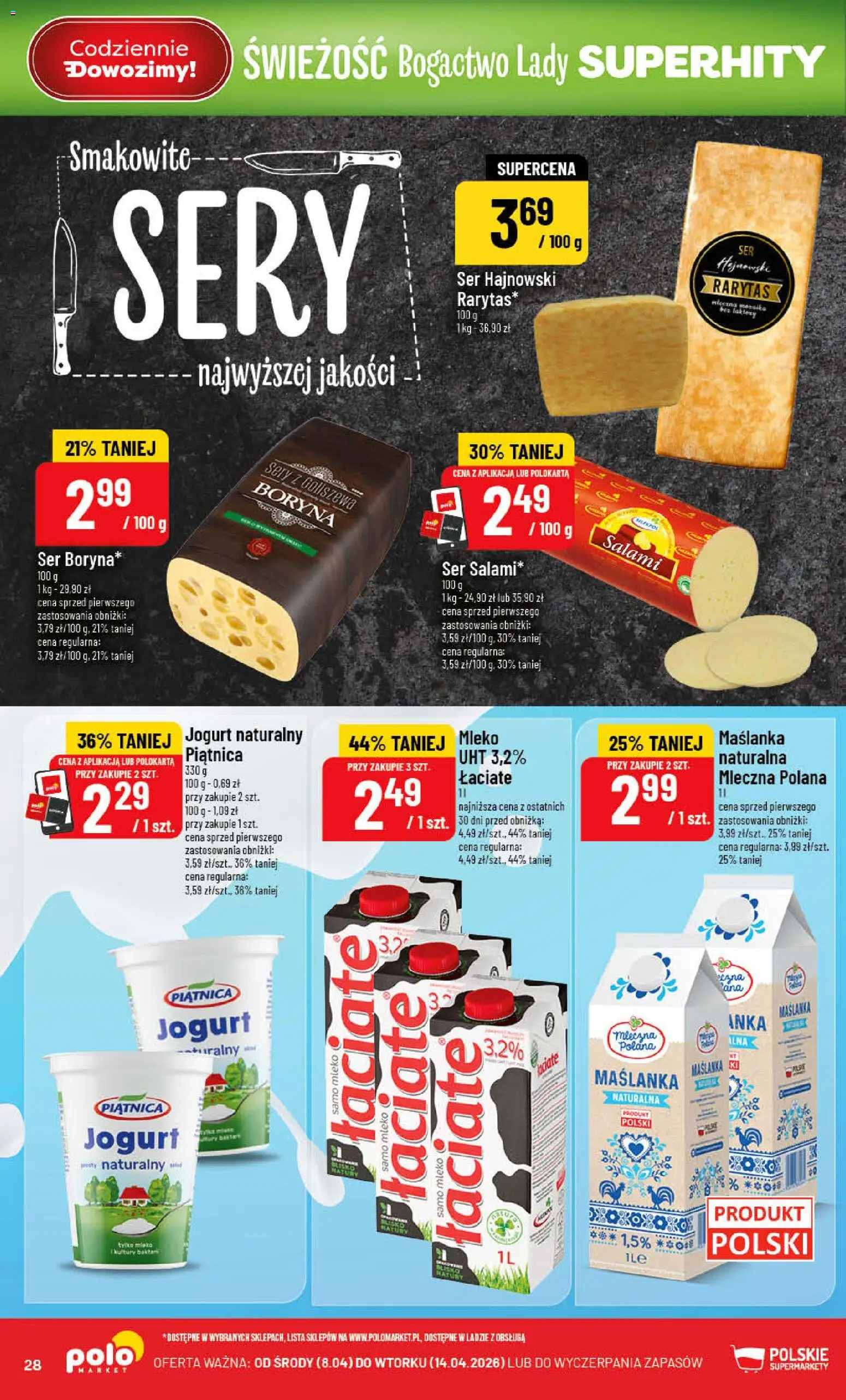 POLOmarket gazetka od 08.04.2026 | Strona: 28 | Produkty: Maślanka, Sery, Jogurt, Salami