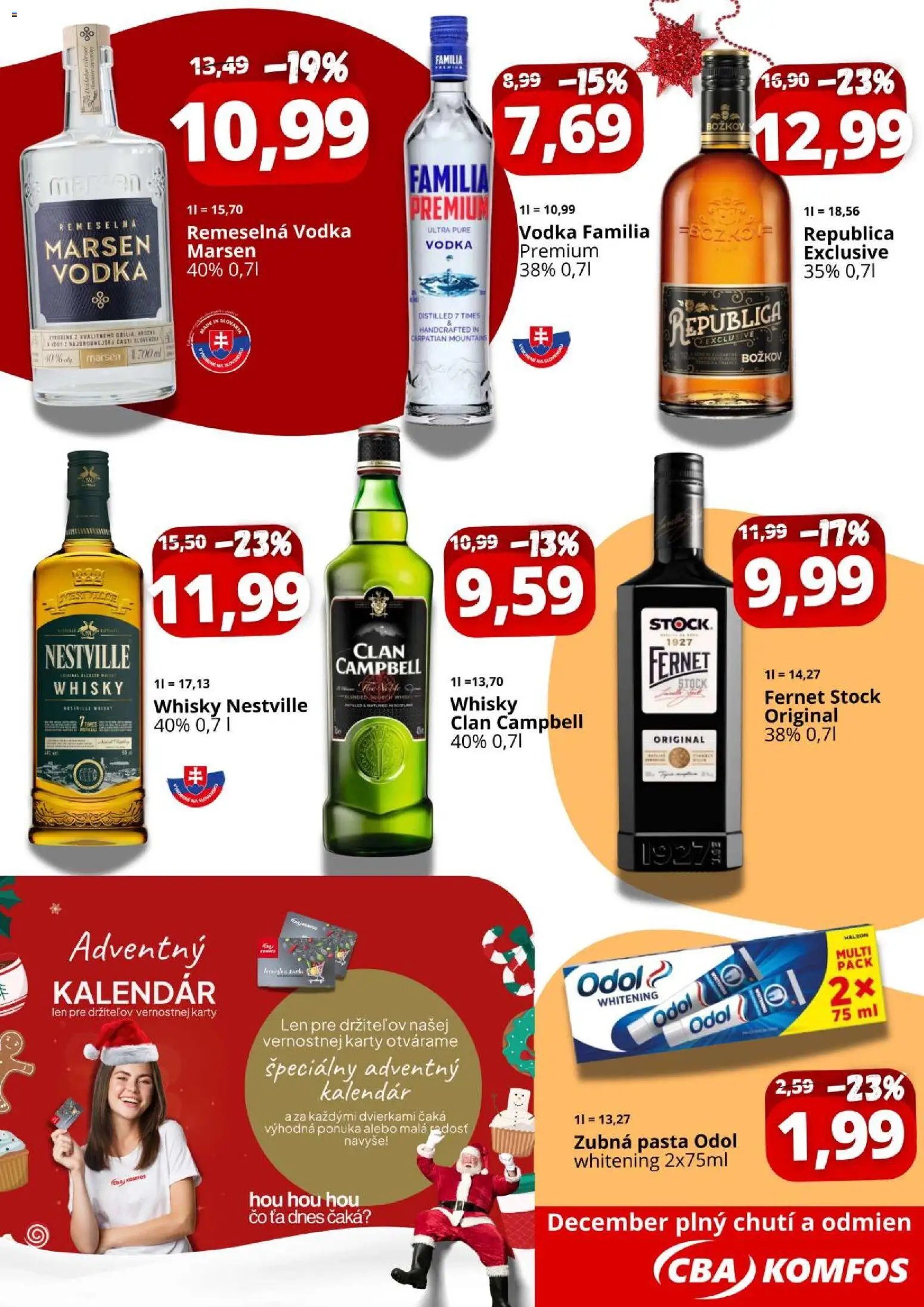 Nové CBA Komfos akcie – leták je platný od 01.12.2025 | Strana: 4 | Produkty: Zubná pasta, Vodka, Whisky, Fernet