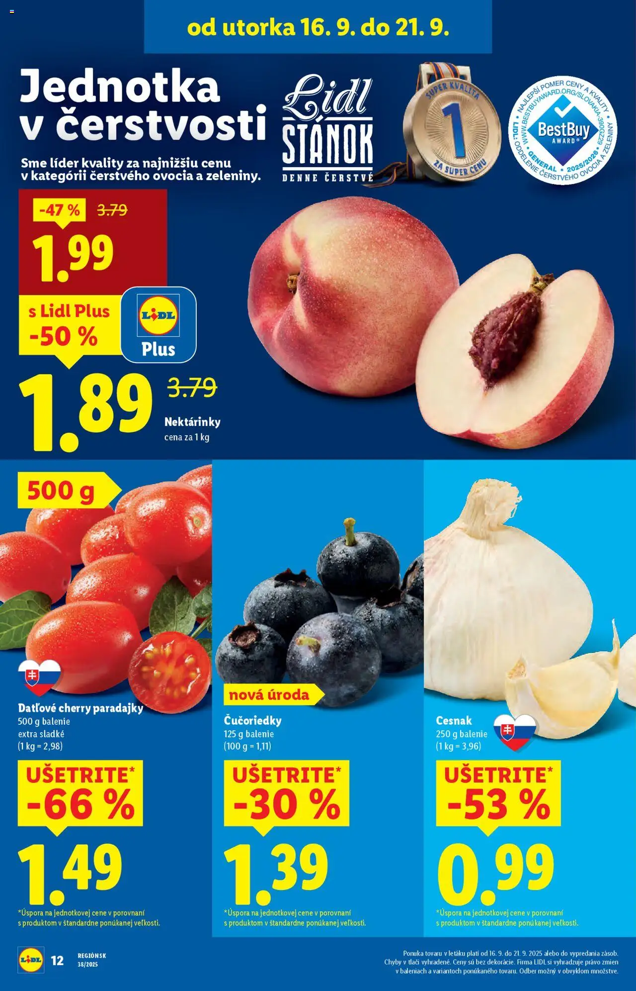 Nové Lidl akcie – leták je platný od 16.09.2025 | Strana: 12 | Produkty: Paradajky, Cesnak, Čučoriedky, Cherry paradajky