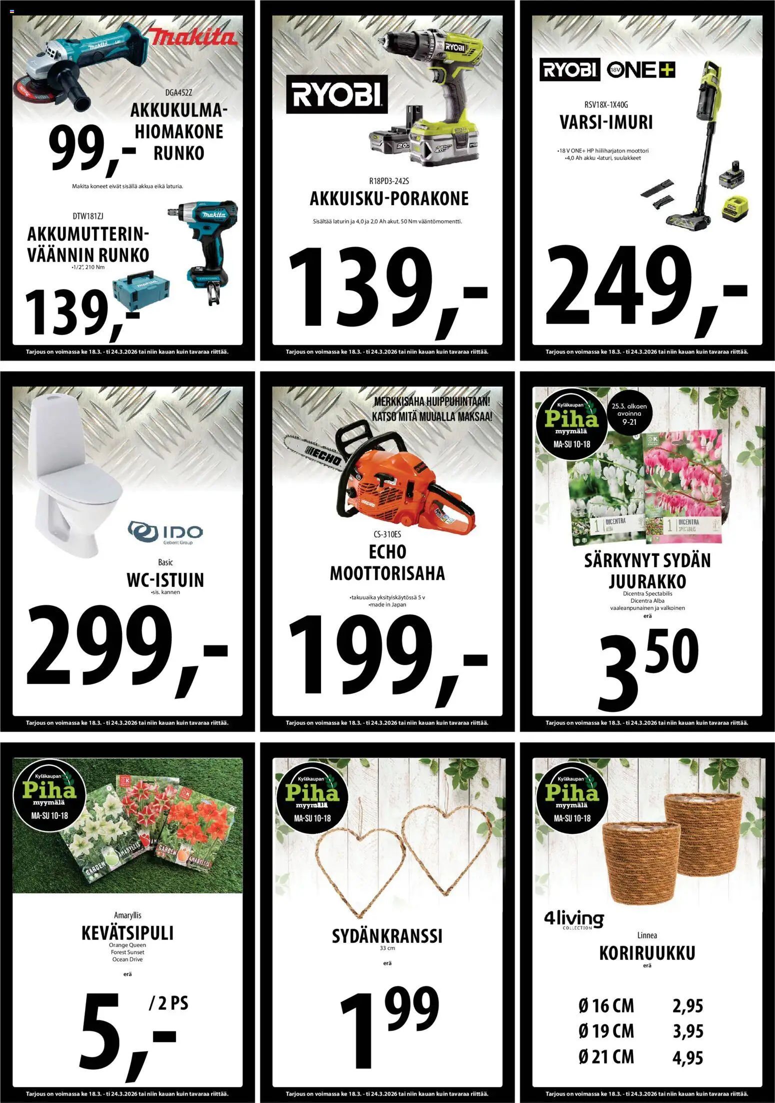 Tuuri tarjoukset – voimassa 18.03.2026 alkaen | Sivu: 20 | Tuotteet: Hiomakone, Moottorisaha, Akku