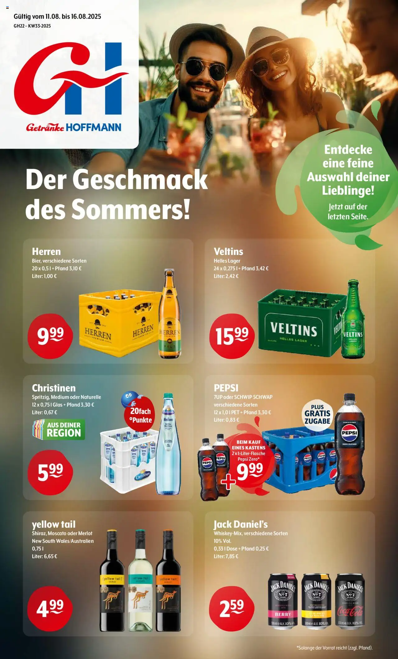 Getränke Hoffmann Prospekt - gültig ab dem 11.08.2025 | Seite: 1 | Produkte: Cola, Jack Daniel's, Schwip schwap, Pepsi