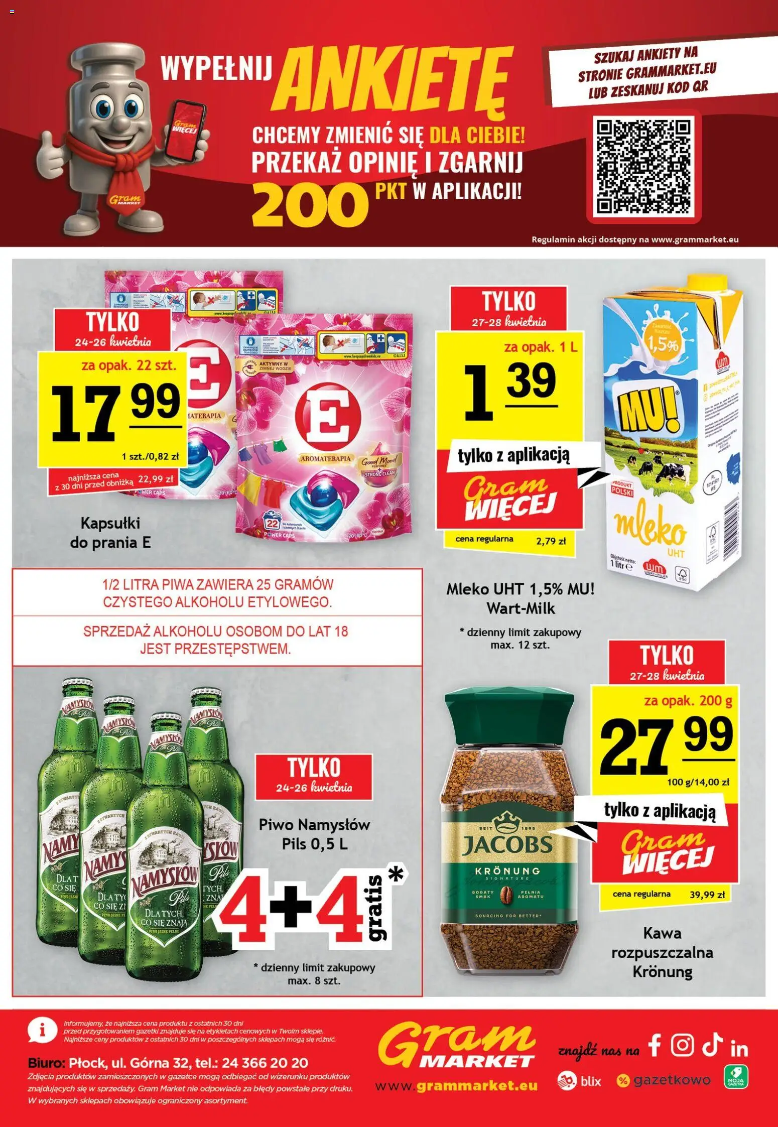 Gram Market gazetka od 22.04.2026 | Strona: 16 | Produkty: Mleko, Kawa, Piwo, Piwo Namysłów