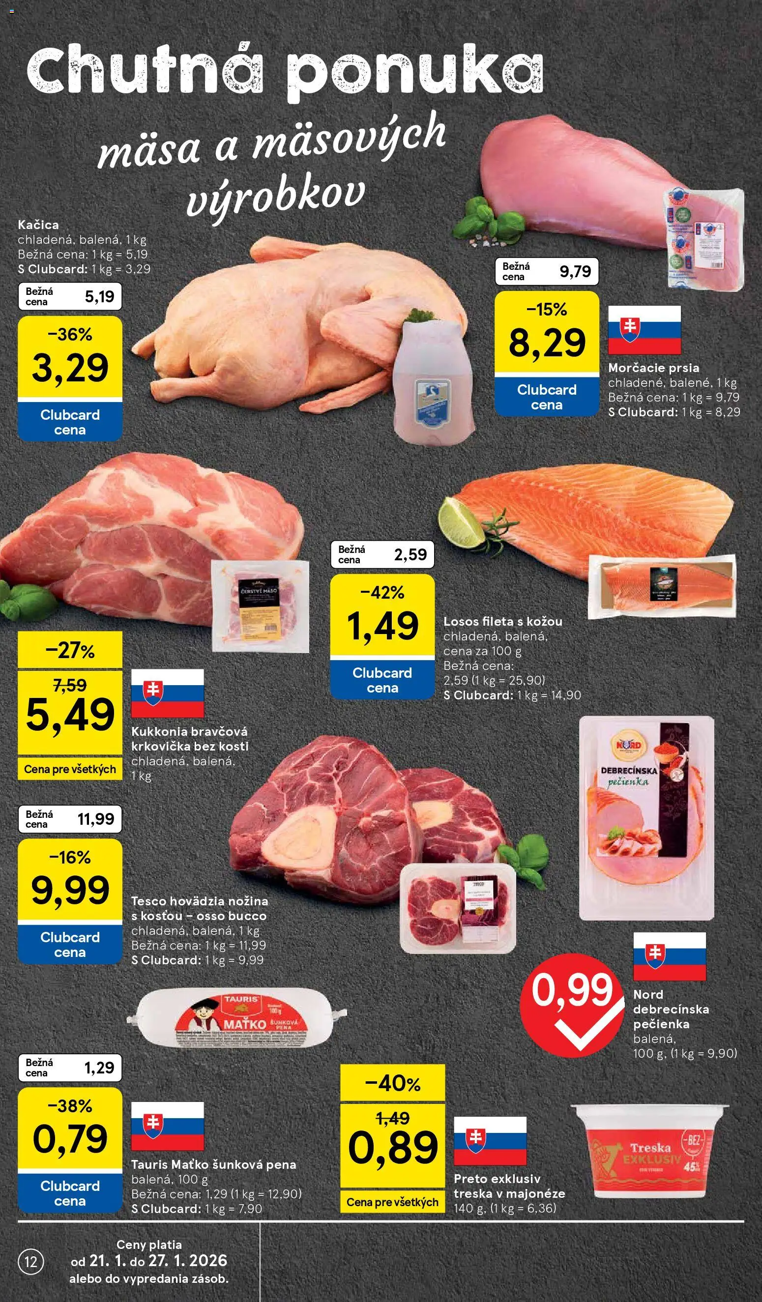 Nové Tesco akcie – leták je platný od 21.01.2026 | Strana: 12 | Produkty: Bravčová krkovička, Kačica, Krkovička, Treska