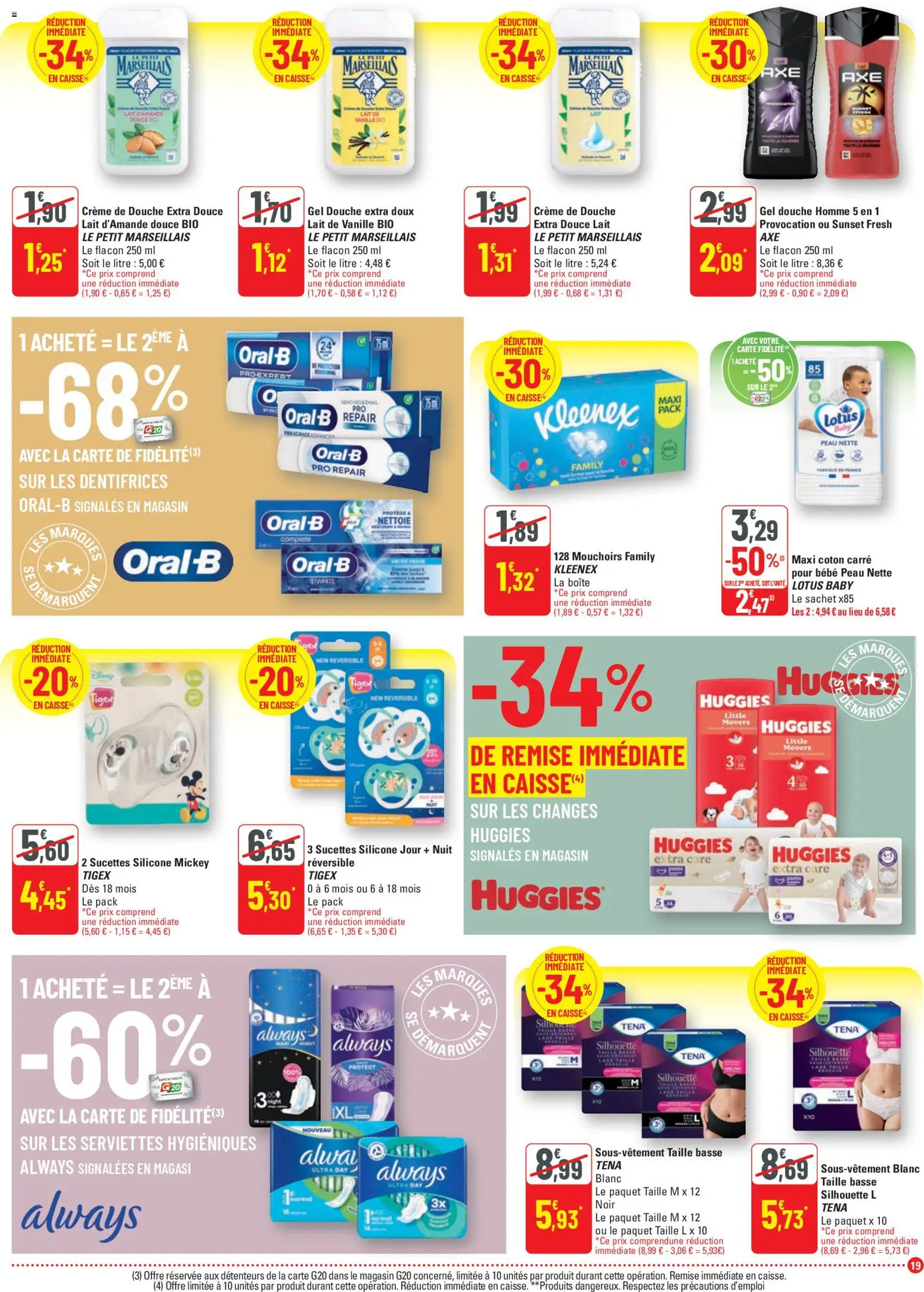 {H1} | Page: 19 | Produits: Lait d'amande, Cage, Gel douche, Mouchoirs