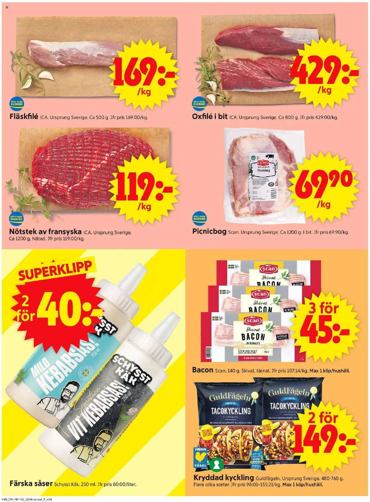 ICA Supermarket reklamblad aktuell från 29.09.2025 | Sida: 4 | Produkter: Bacon, Kebabsås, Oxfilé