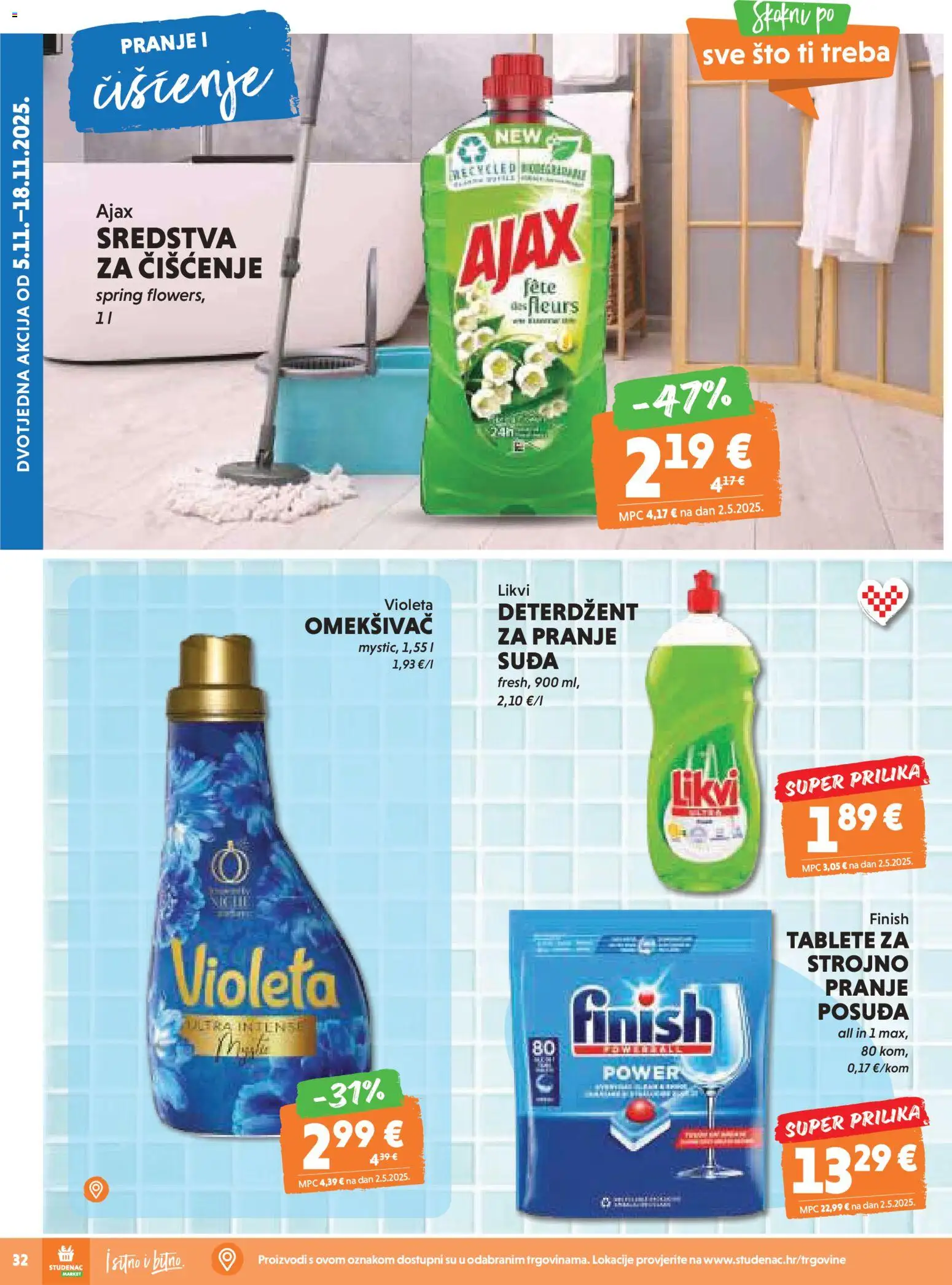 Studenac katalog | vrijedi od 05.11.2025 | Stranica: 32 | Proizvodi: Sredstva za čiščenje, Deterdžent, Violeta, Ajax