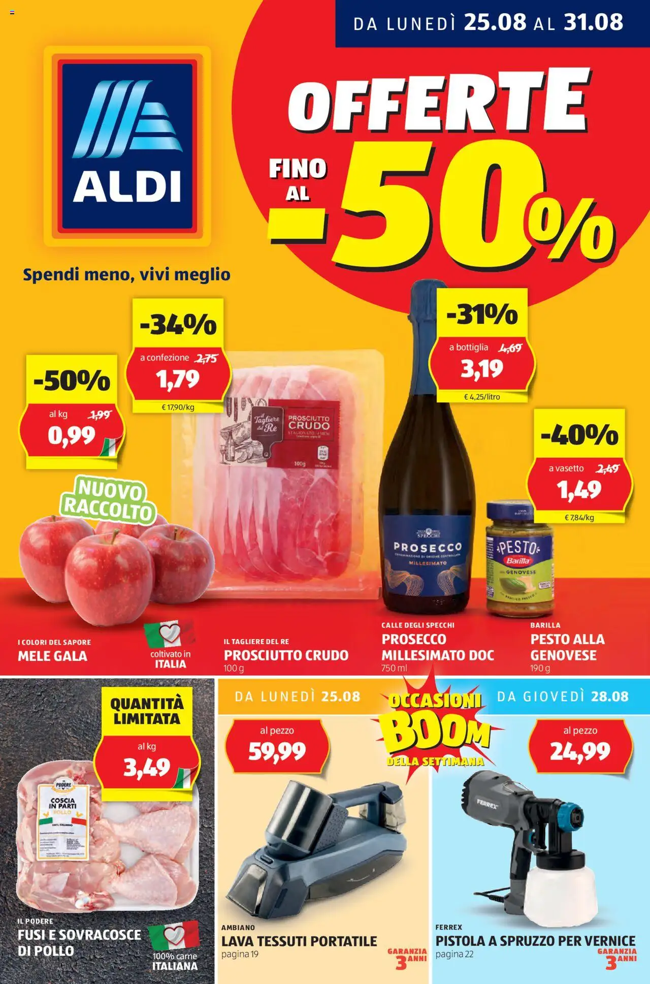 Volantino Aldi del 25.08.2025 | Pagina: 1 | Prodotti: Pollo, Pesto, Tagliere, Bottiglia