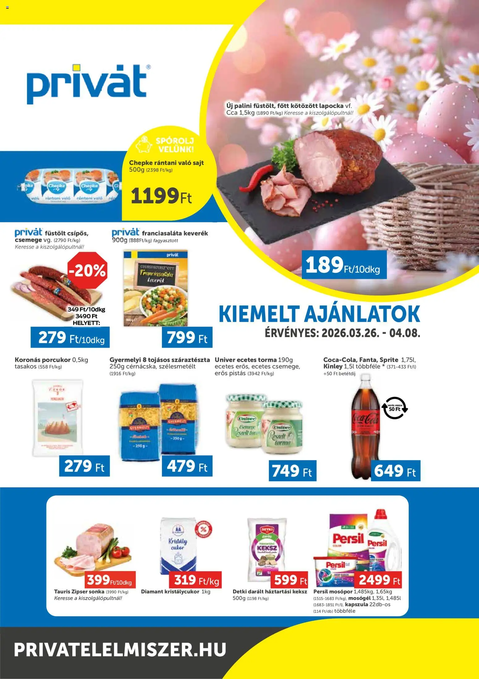 PRIVÁT akciós ujság - amely érvényes a következő dátumtól: 26.03.2026 | Oldal: 1 | Termékek: Persil, Háztartási keksz, Ecetes torma, Sonka