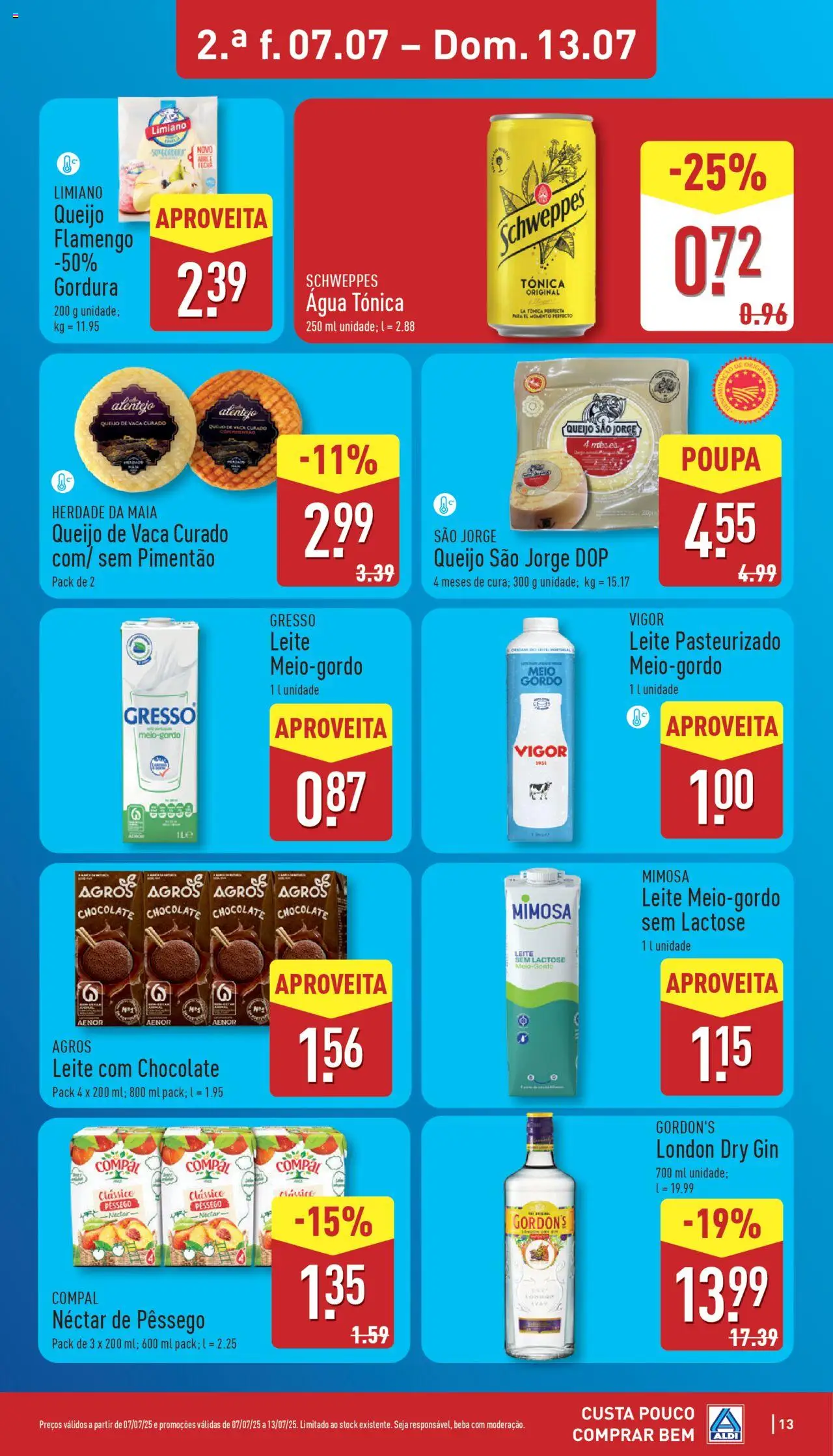 Aldi folheto │ válido de 07.07.2025 | Página: 13 | Produtos: Agua, Leite, Queijo, Gin