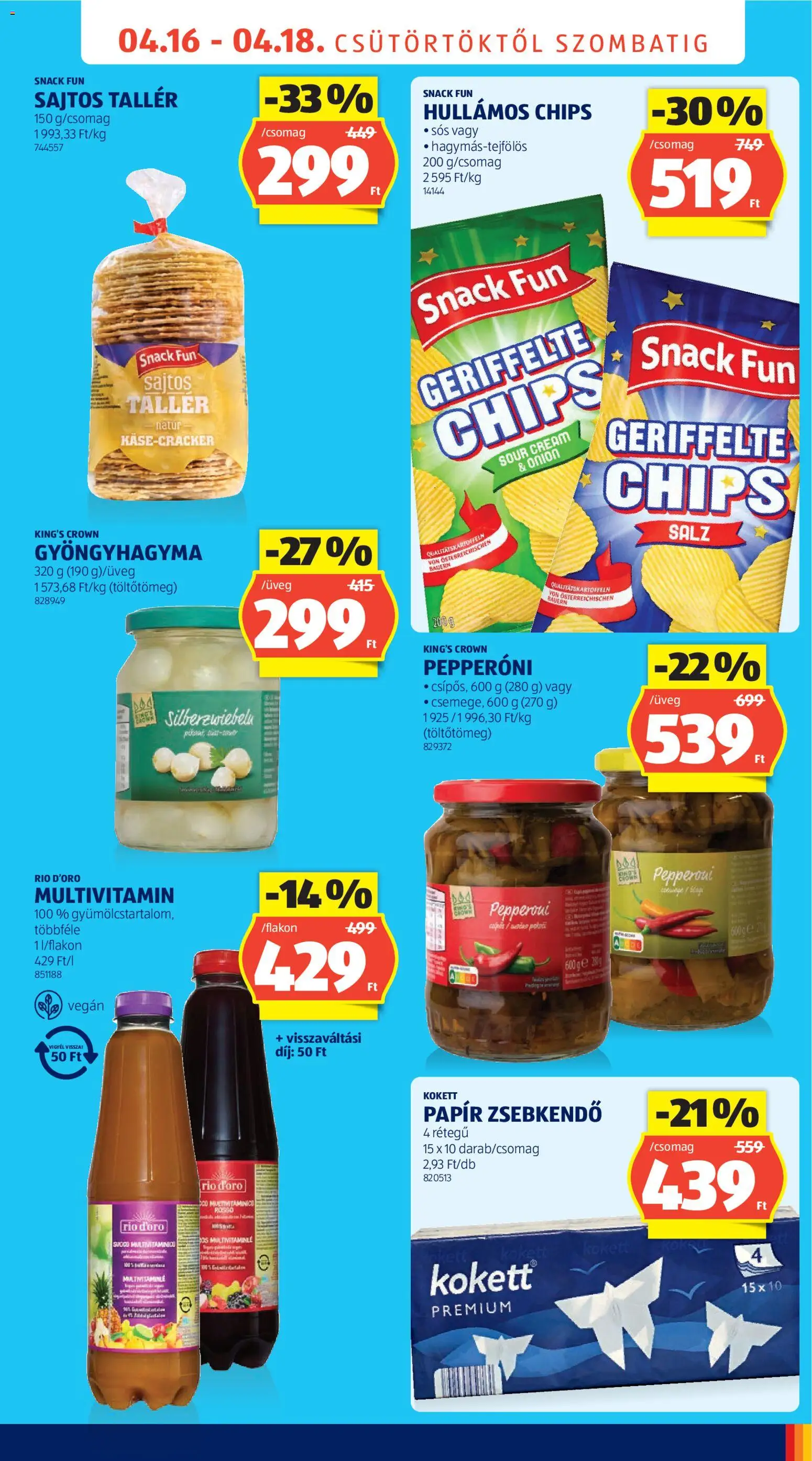 Aldi akciós ujság - amely érvényes a következő dátumtól: 16.04.2026 | Oldal: 7 | Termékek: Sajtos tallér, Chips, Gyöngyhagyma, Multivitamin