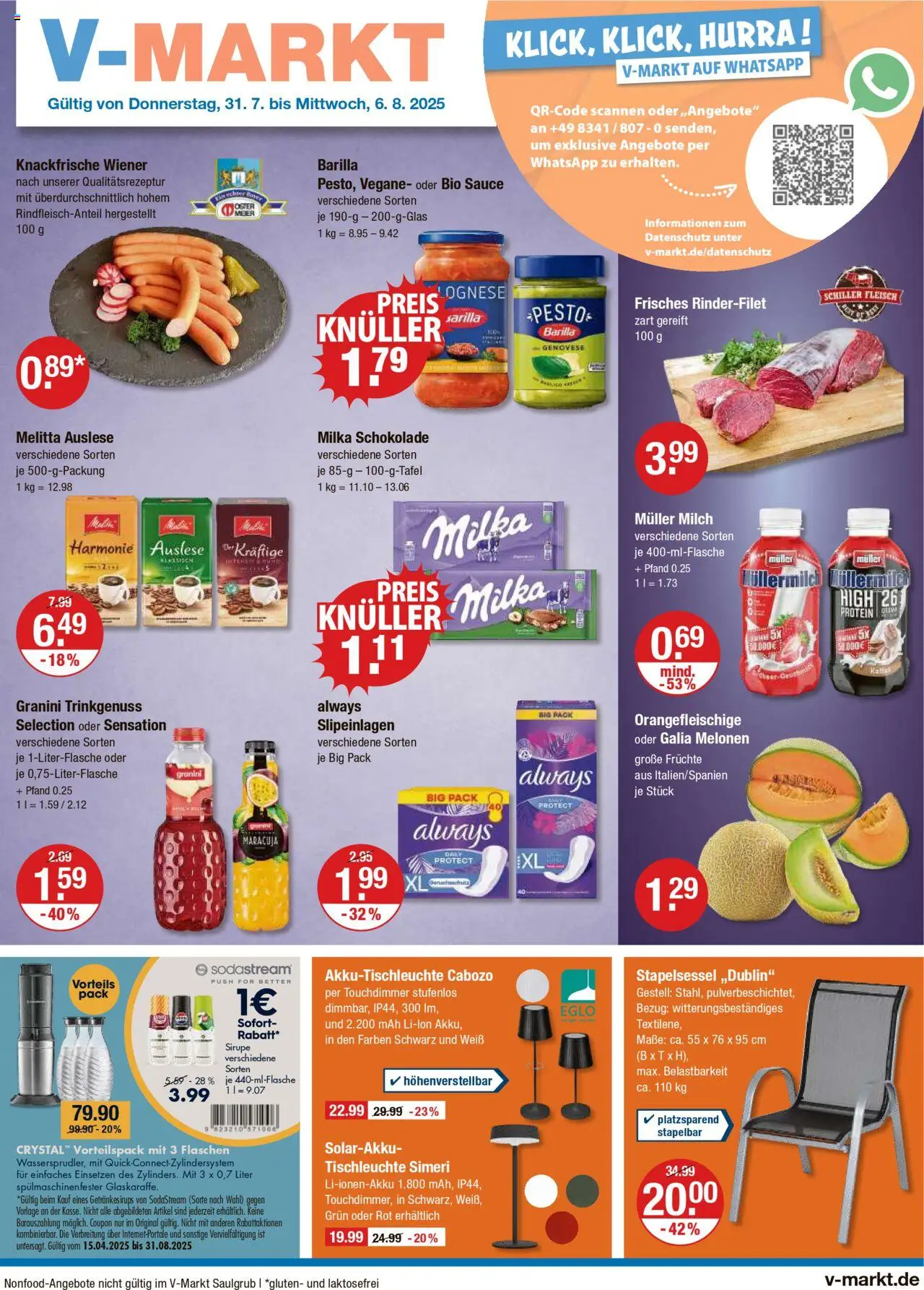 V-Markt - Hallertau/Oberpfalz - gültig ab dem 31.07.2025 | Seite: 1 | Produkte: Melitta, Barilla, Milka schokolade, Rinderfilet
