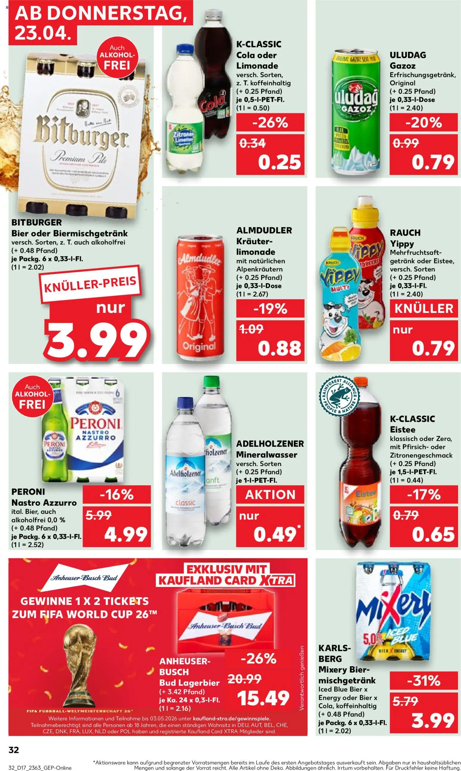 Kaufland Prospekt Bremen	 – gültig ab 23.04.2026 | Seite: 32 | Produkte: Bitburger, Cola, Mineralwasser, Pfirsich
