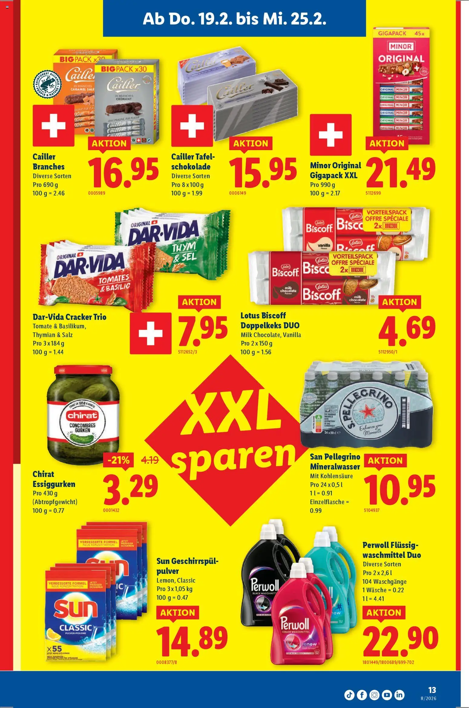 Lidl Aktionen – gültig ab 19.02.2026 | Seite: 13 | Produkte: Mineralwasser, Schokolade, Gurken, Salz