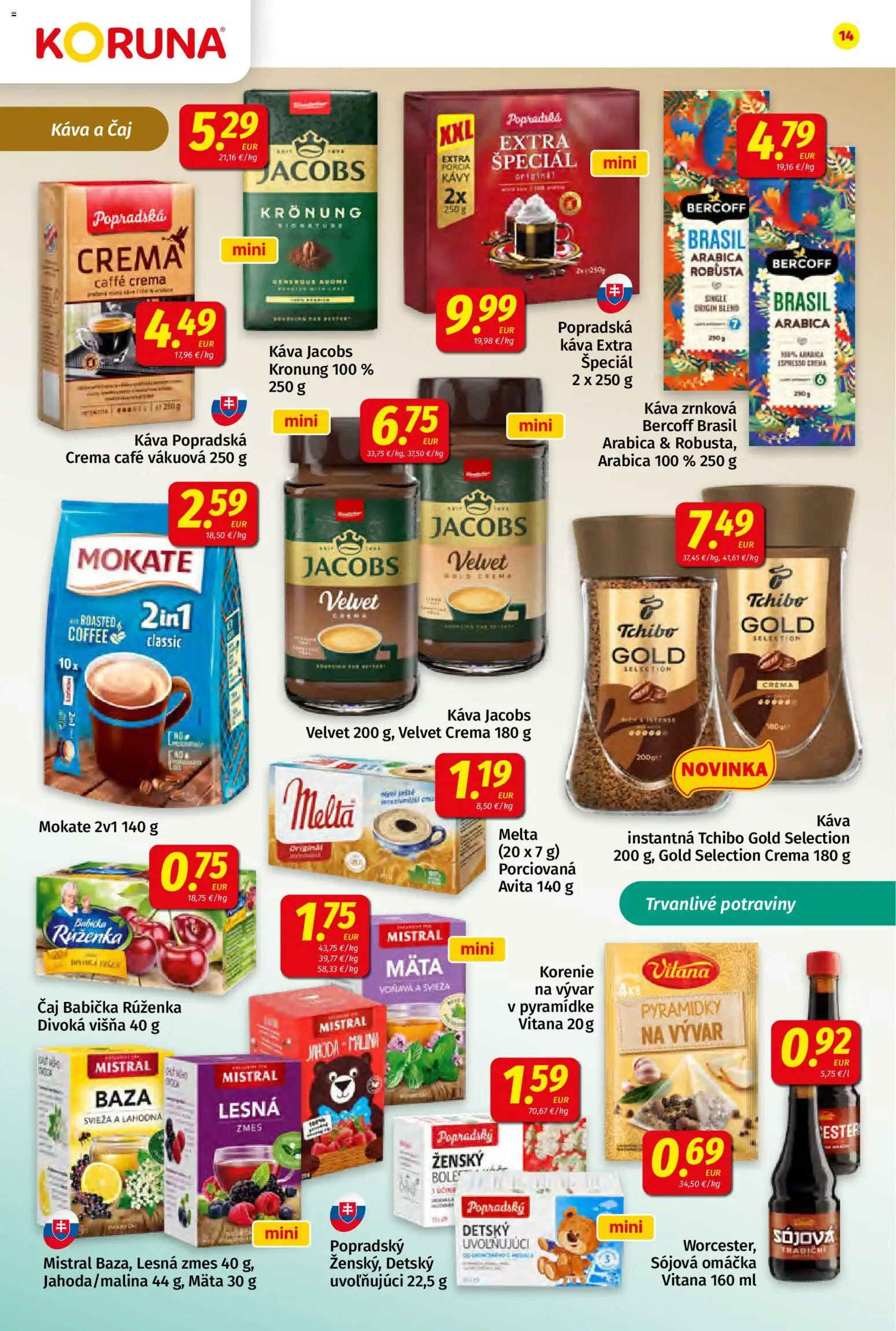 Nové Koruna akcie – leták je platný od 24.04.2026 | Strana: 14 | Produkty: Jacobs Velvet, Čaj, Korenie, Omáčka