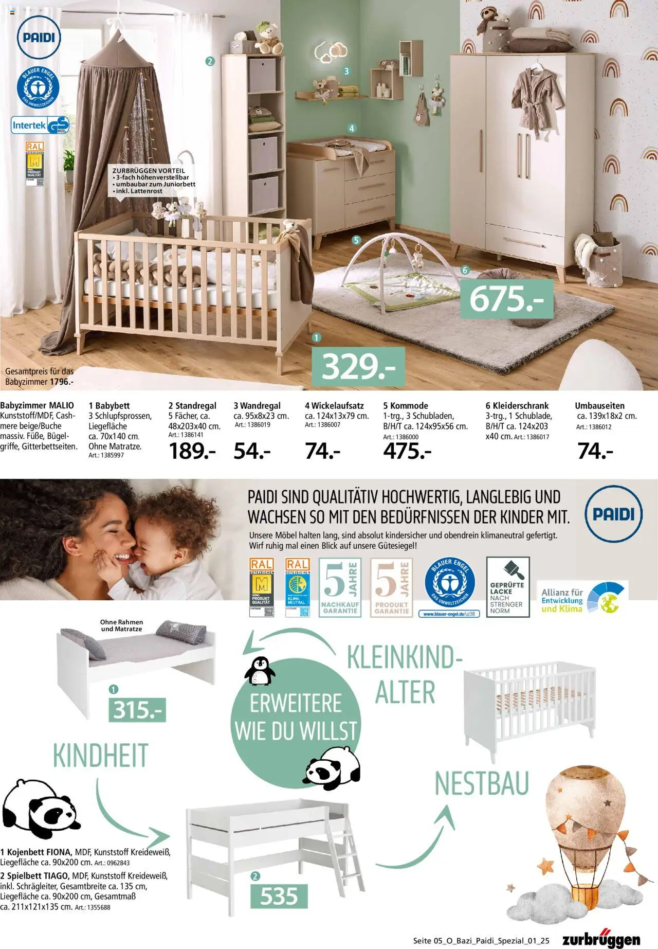 Zurbrüggen Babyzimmer Paidi Spezial - gültig ab dem 03.07.2025 | Seite: 5 | Produkte: Wandregal, Matratze, Kommode, Babybett