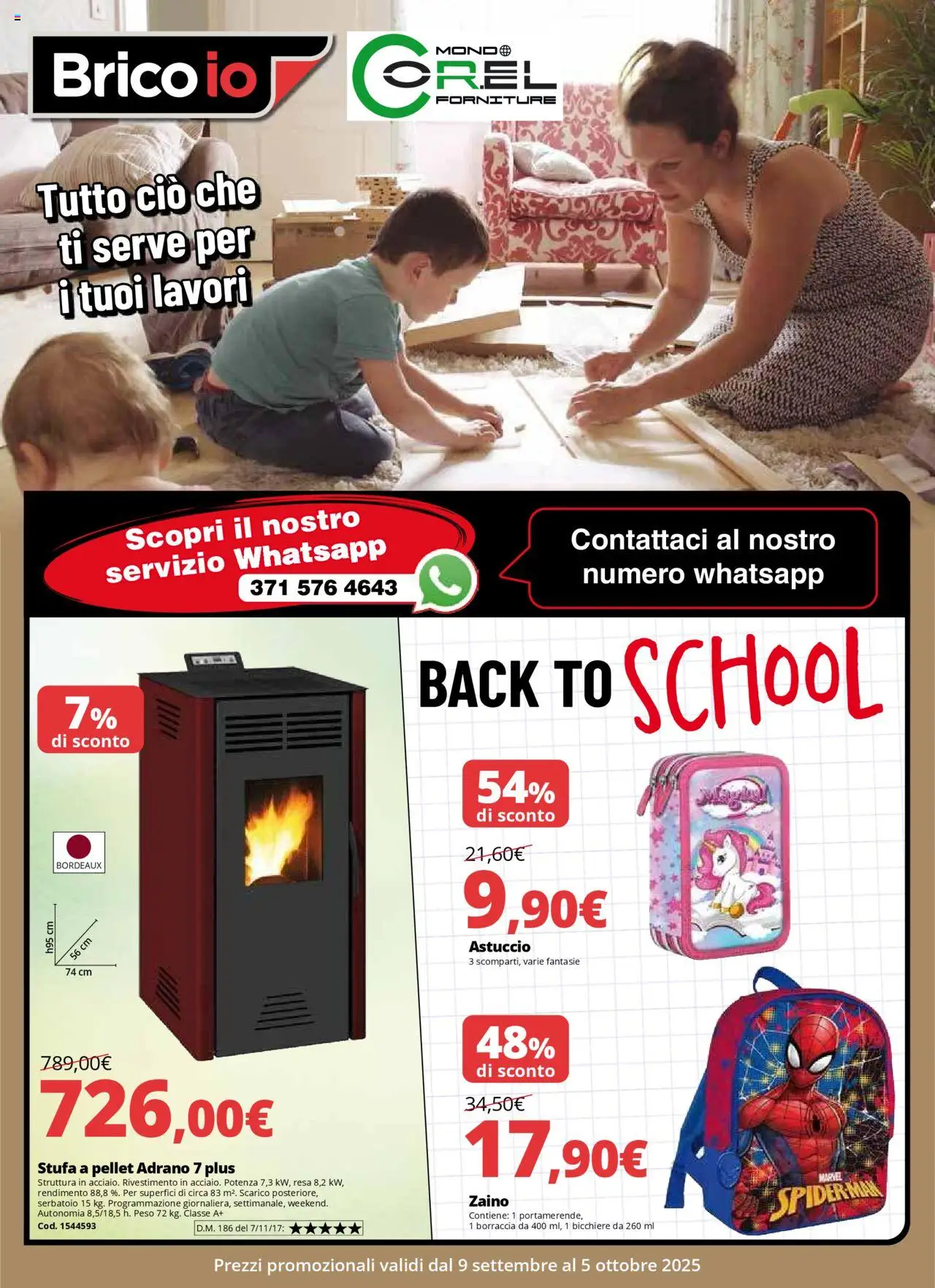 Volantino Brico io del 09.09.2025 | Pagina: 1 | Prodotti: Pellet, Stufa a pellet, Zaino, Borraccia