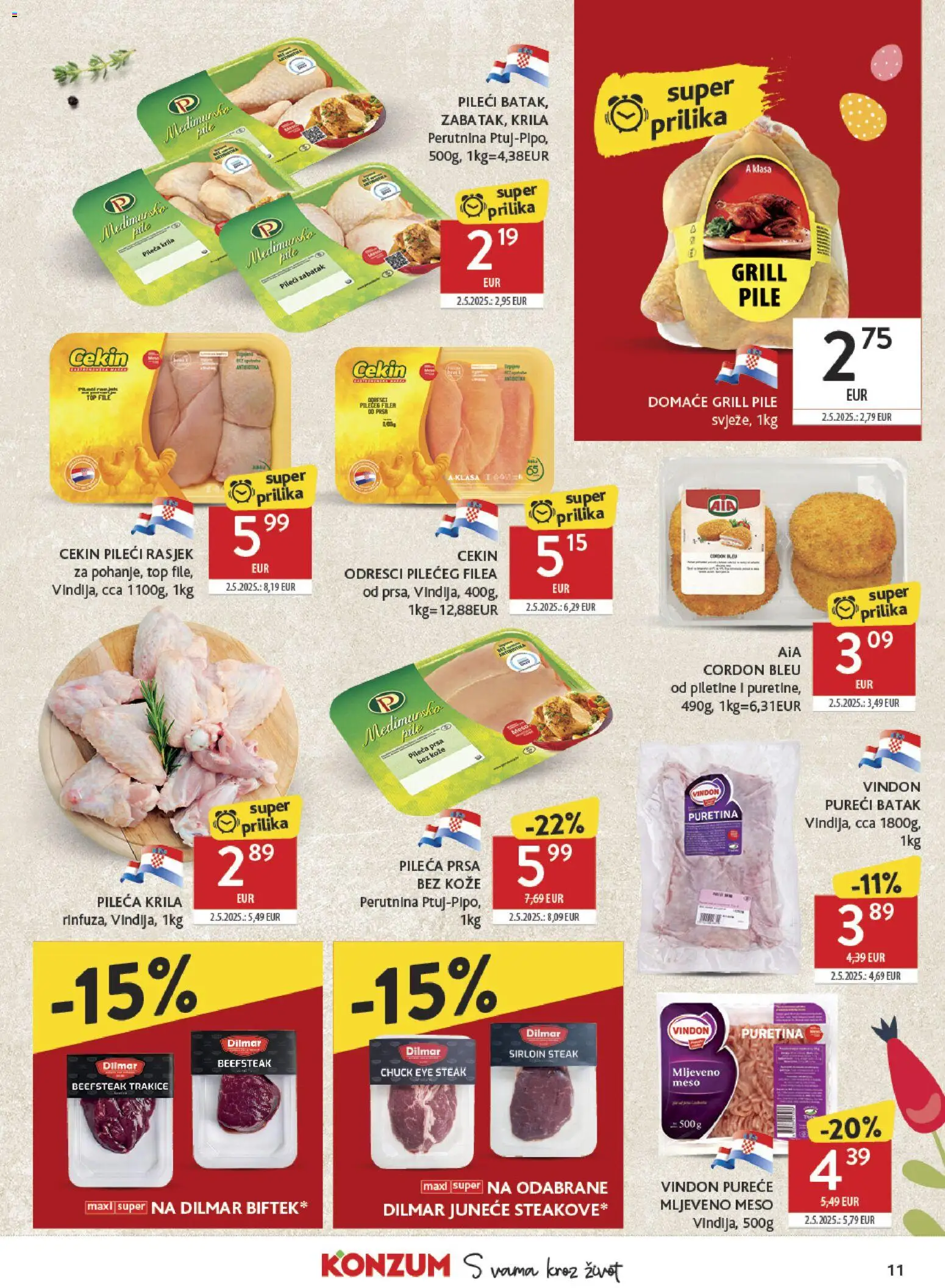 Konzum katalog | vrijedi od 01.04.2026 | Stranica: 11 | Proizvodi: Puretina, Pileća krila, Mljeveno meso, Pileća prsa
