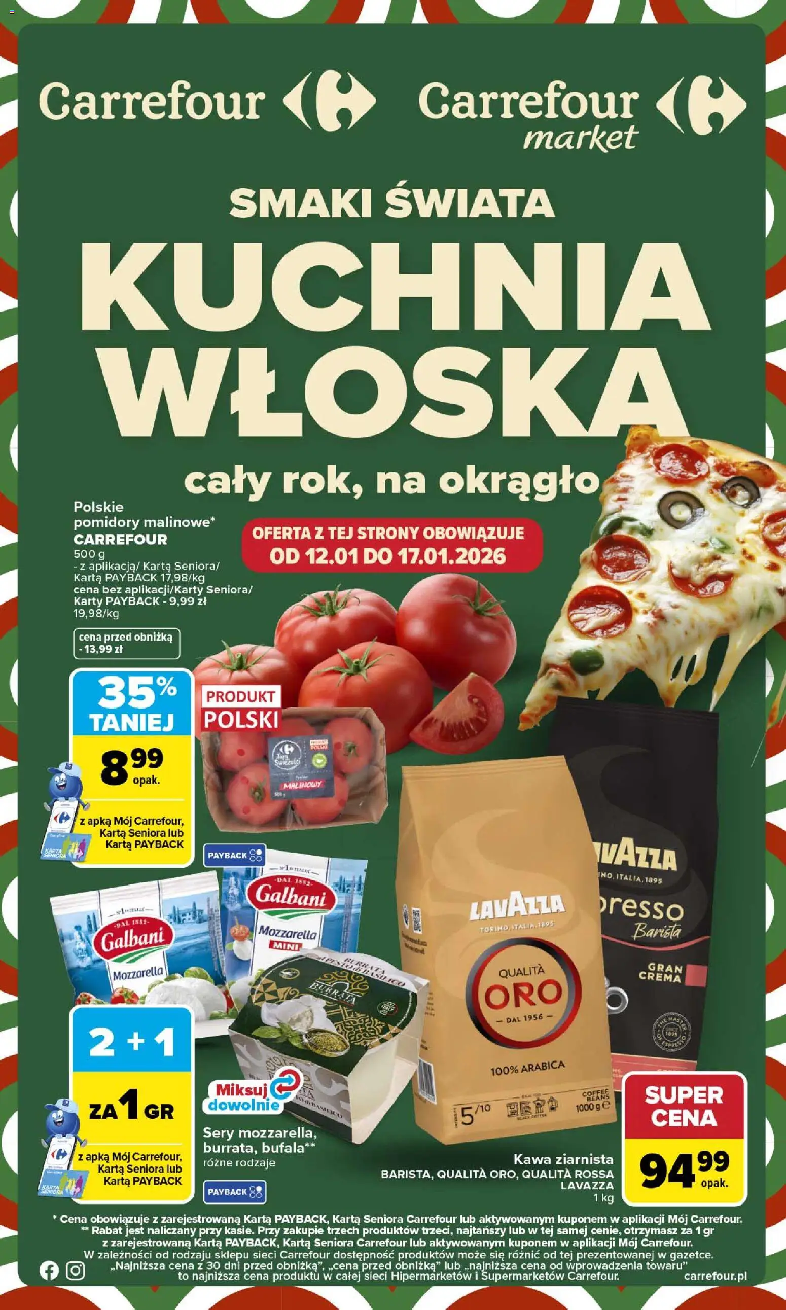 Carrefour Gazetka - Kuchnia włoska od 12.01.2026 | Strona: 1 | Produkty: Kawa ziarnista, Lavazza, Pesto, Mozzarella