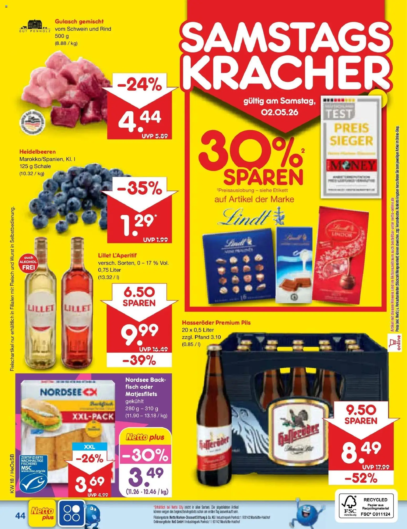 Netto Marken-Discount Prospekt Kröpelin	 – gültig ab 27.04.2026 | Seite: 52 | Produkte: Heidelbeeren, Fisch, Wurst, Lindt