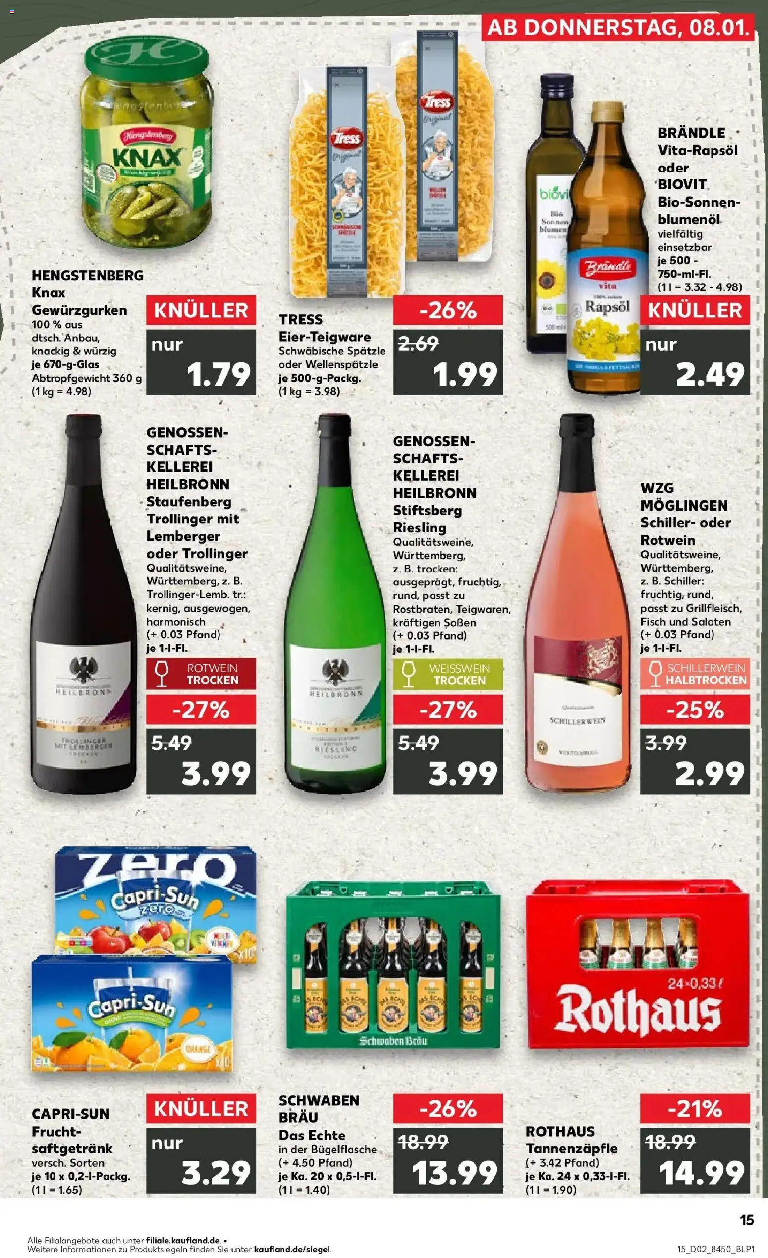 Kaufland prospekt Schwäbisch Gmünd	 – gültig ab 08.01.2026 | Seite: 15 | Produkte: Rapsöl, Weißwein, Rotwein, Blumen