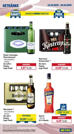 Metro Prospekt 	 ab 13.10.2025 gültig | Seite: 15 | Produkte: Kostritzer, Mineralwasser, Warsteiner, Aperol