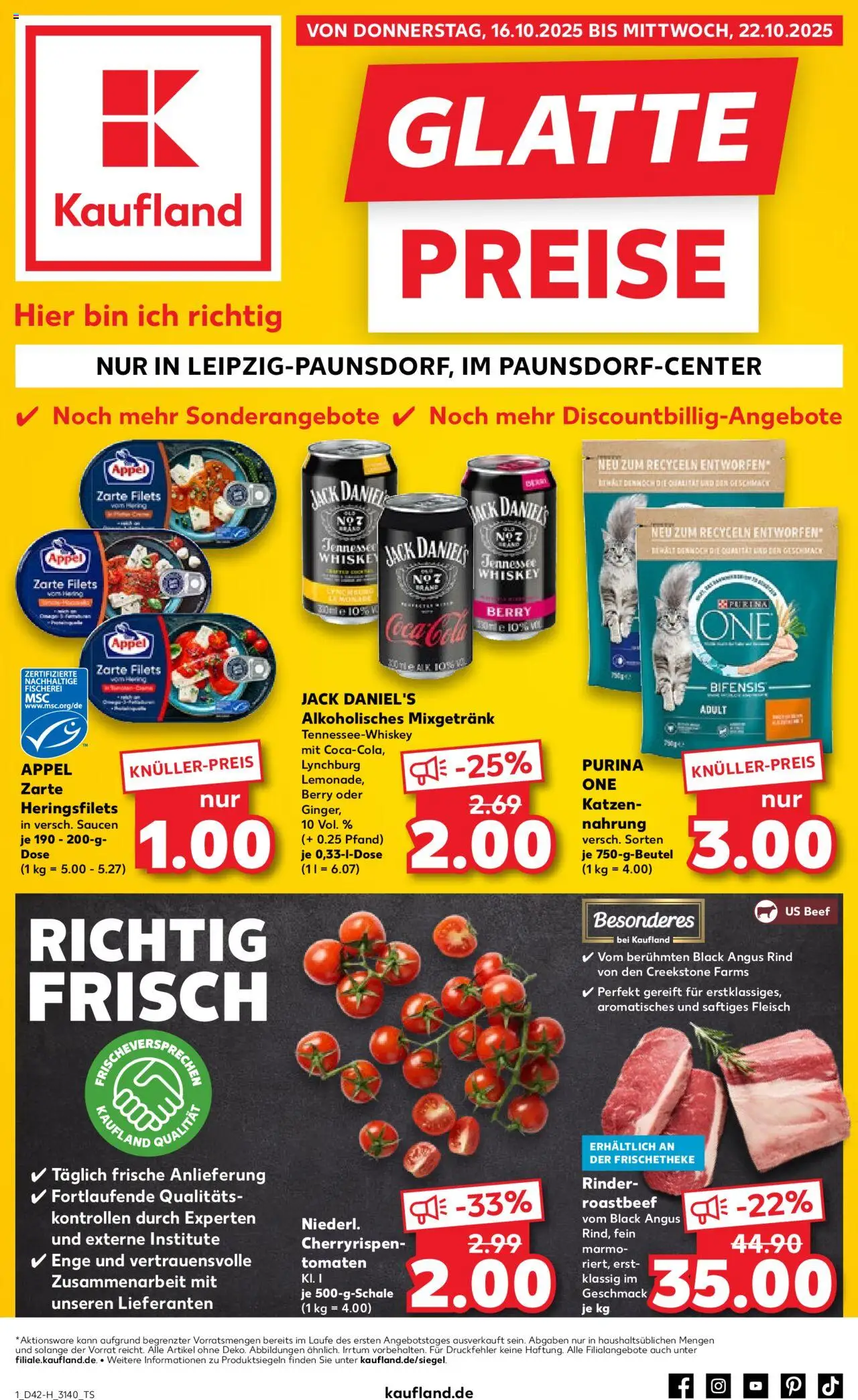 Kaufland prospekt Leipzig	 – gültig ab 16.10.2025 | Seite: 1 | Produkte: Purina one, Jack Daniel's, Tomaten, Fleisch